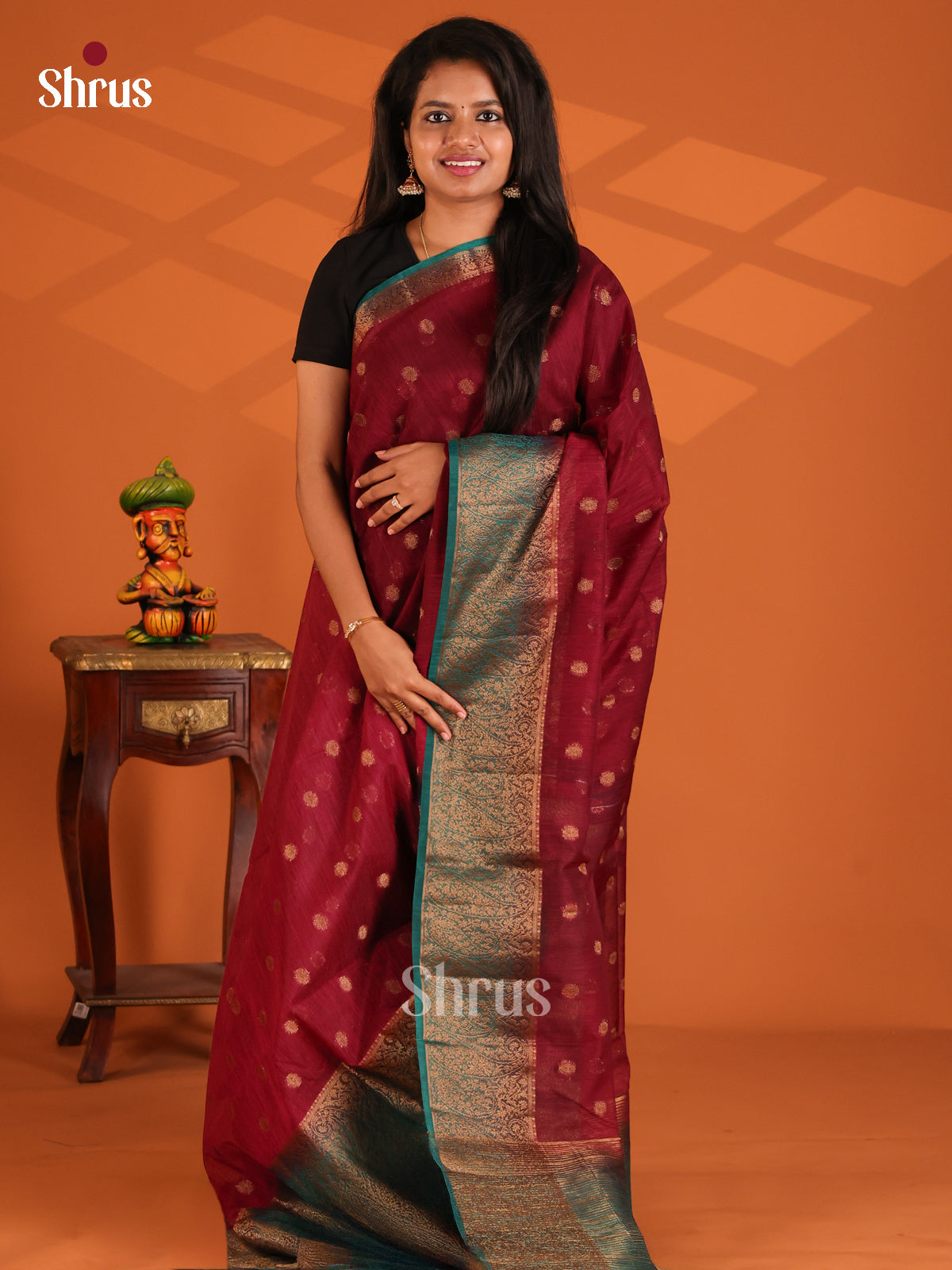 Maroon with Blue - Semi Jute Saree - Shop on Shrus.com