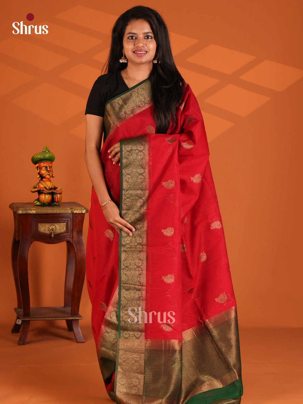 Red with Green - Semi Jute Saree - Shop on Shrus.com