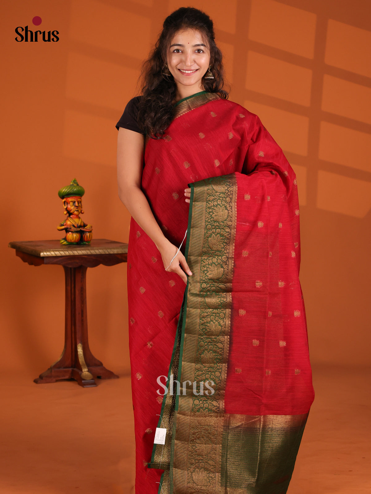 Red & Green - Semi Jute Saree - Shop on Shrus.com