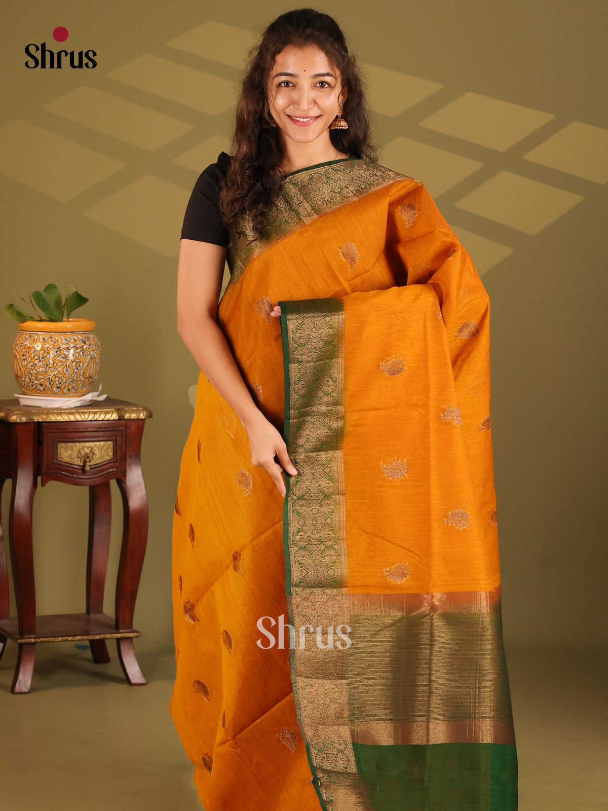 Mustard with Green- Semi Jute Saree - Shop on Shrus.com