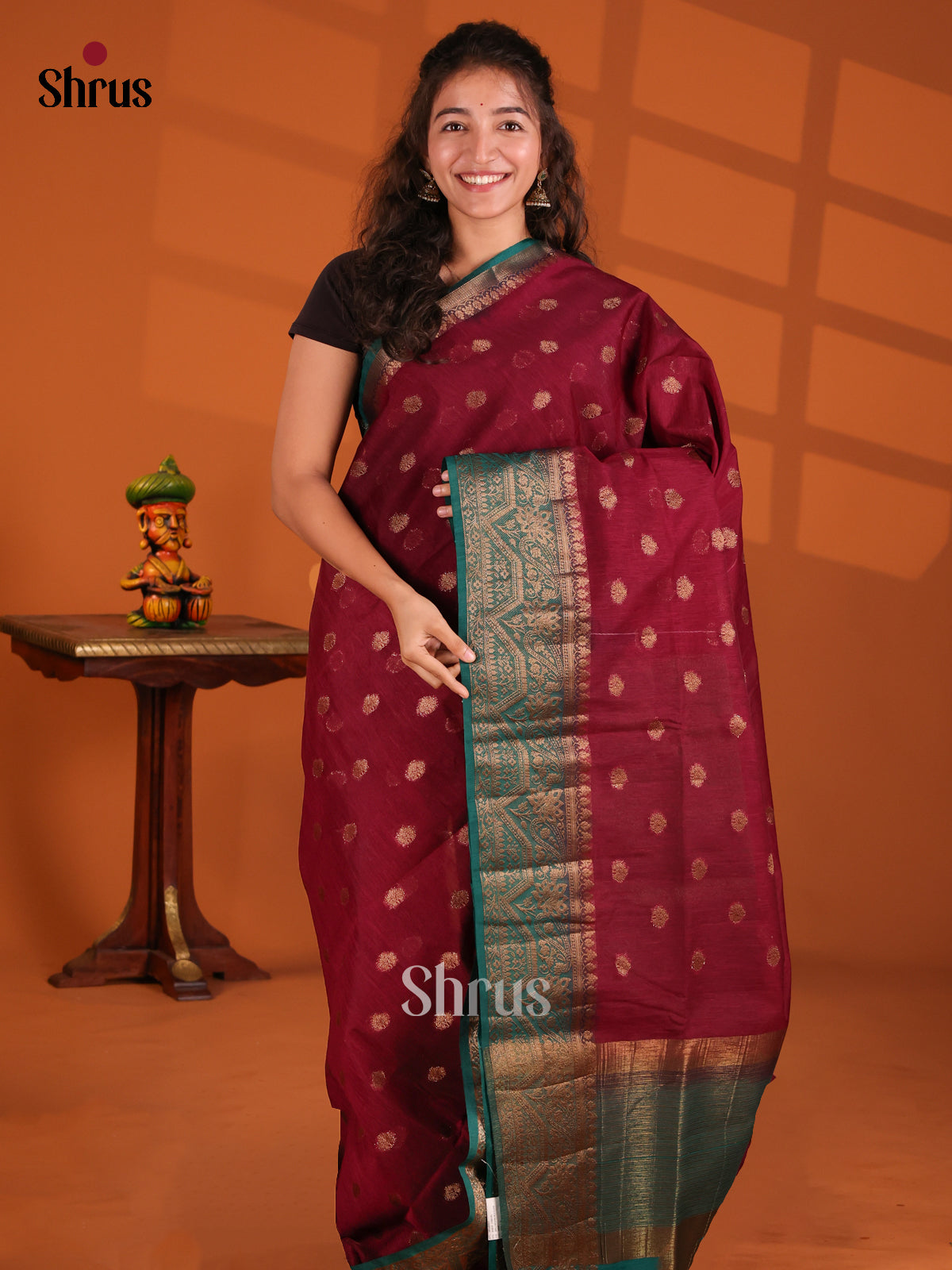 Maroon & Green- Semi Jute Saree - Shop on Shrus.com