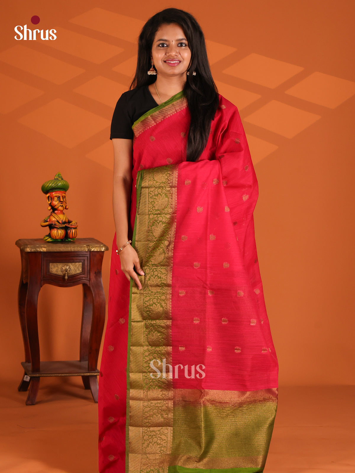 Red with Green - Semi Jute Saree - Shop on Shrus.com