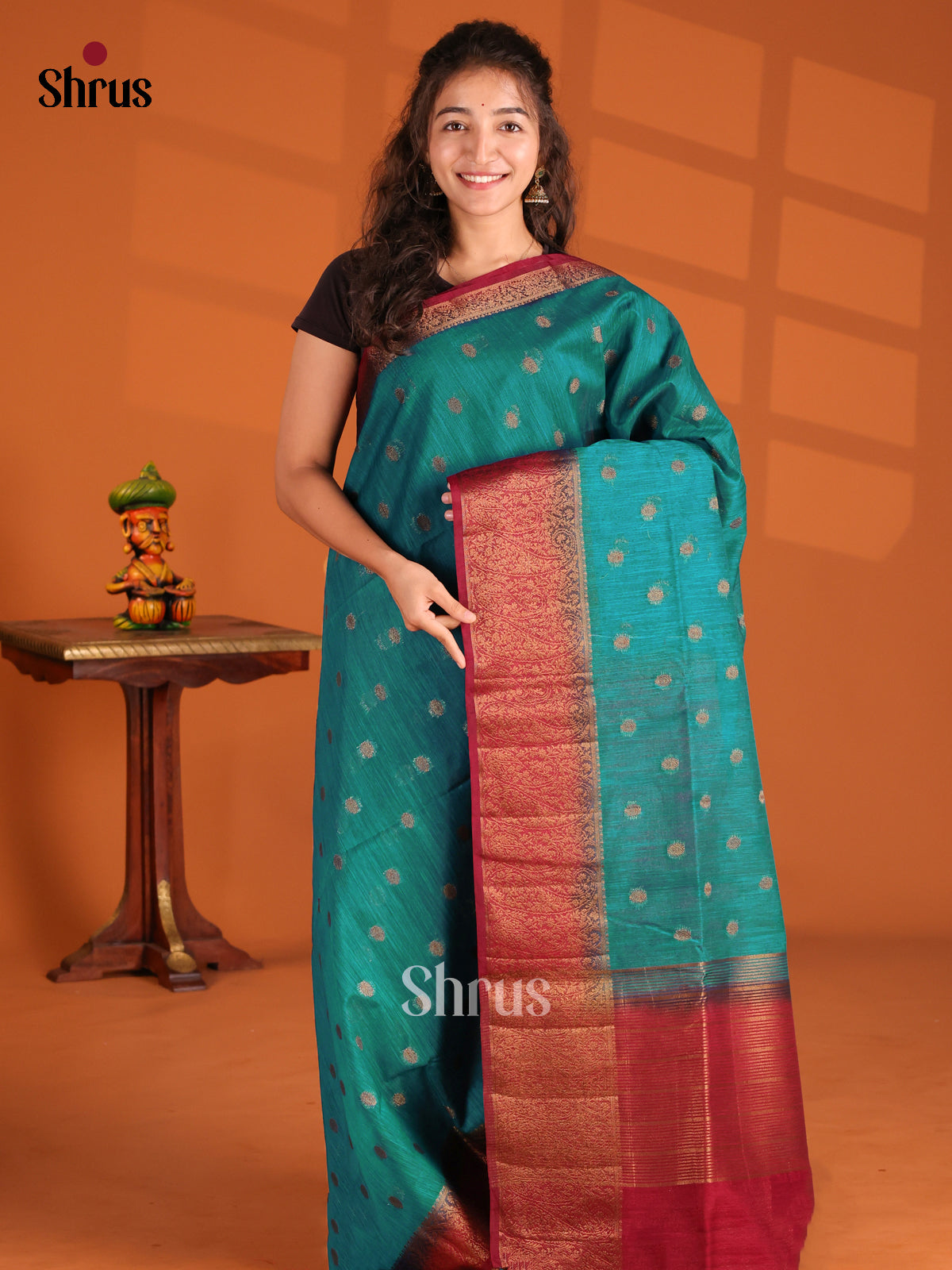 Blue & Maroon- Semi Jute Saree - Shop on Shrus.com