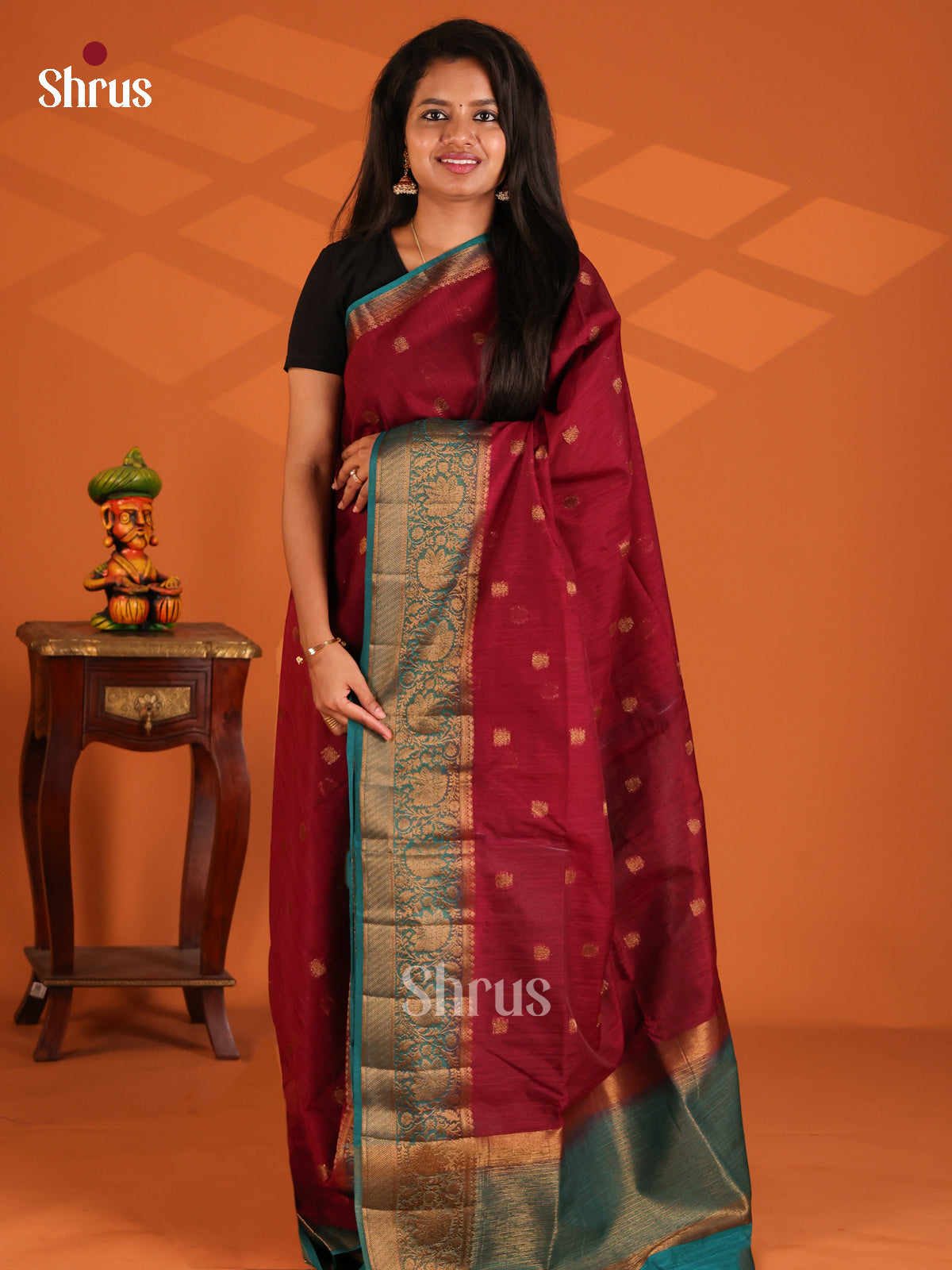 Maroon with Green - Semi Jute Saree - Shop on Shrus.com