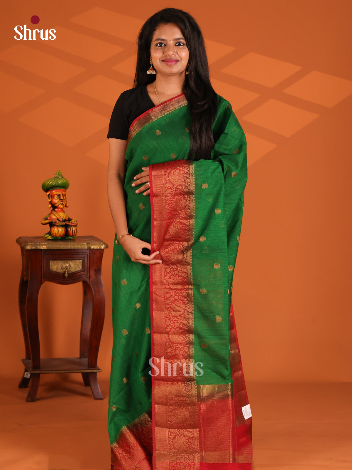 Green with Red - Semi Jute Saree - Shop on Shrus.com