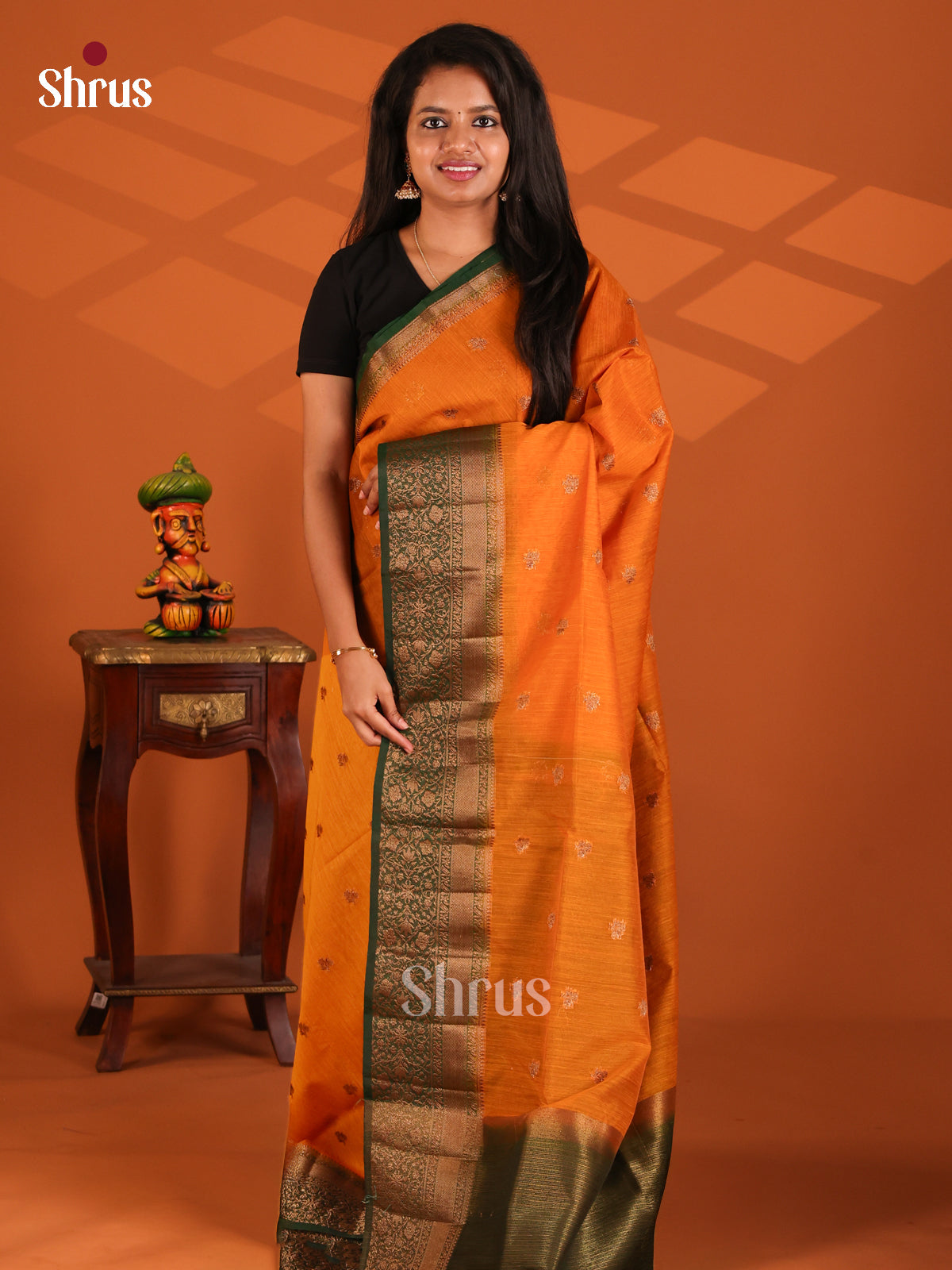 Orange with Green - Semi Jute Saree - Shop on Shrus.com