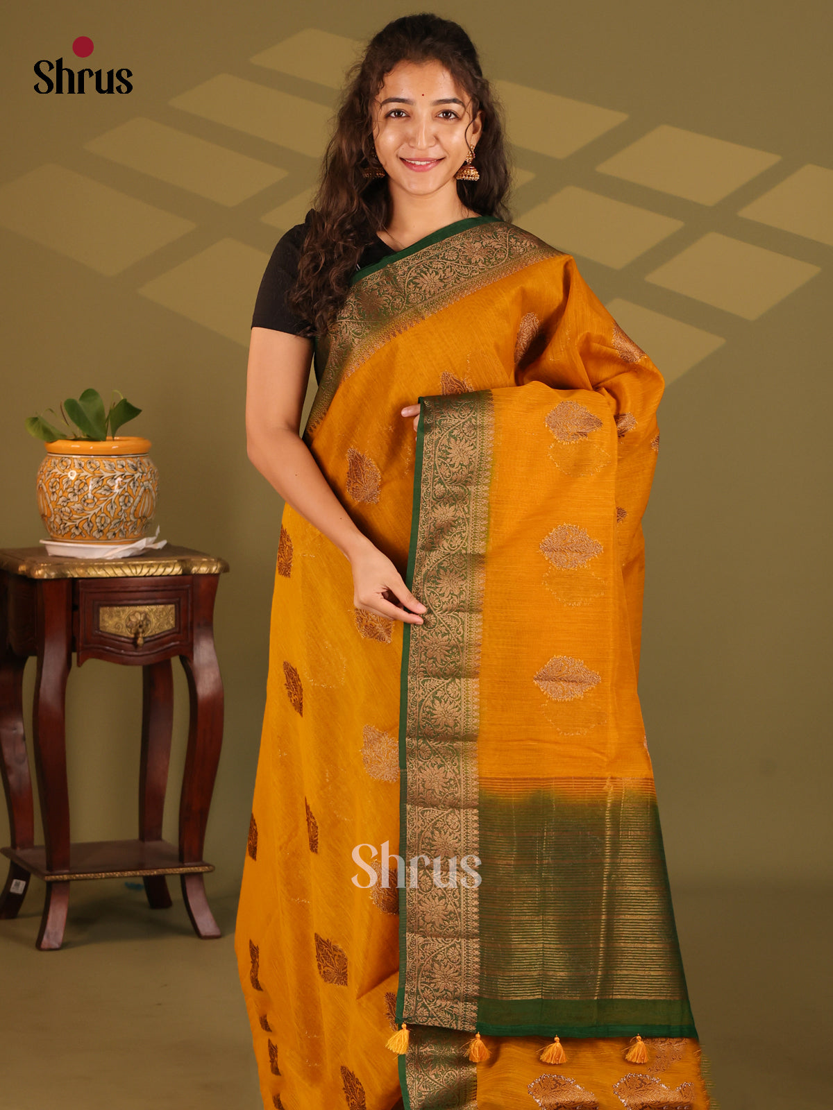 Mustard & Green- Semi Jute Saree - Shop on Shrus.com