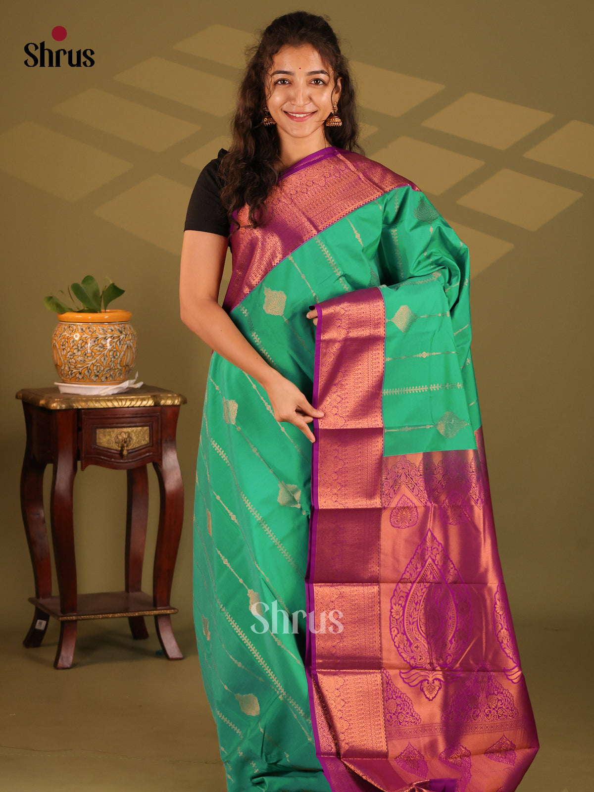 Green with Purple - Semi Kanchipuram Saree - Shop on Shrus.com