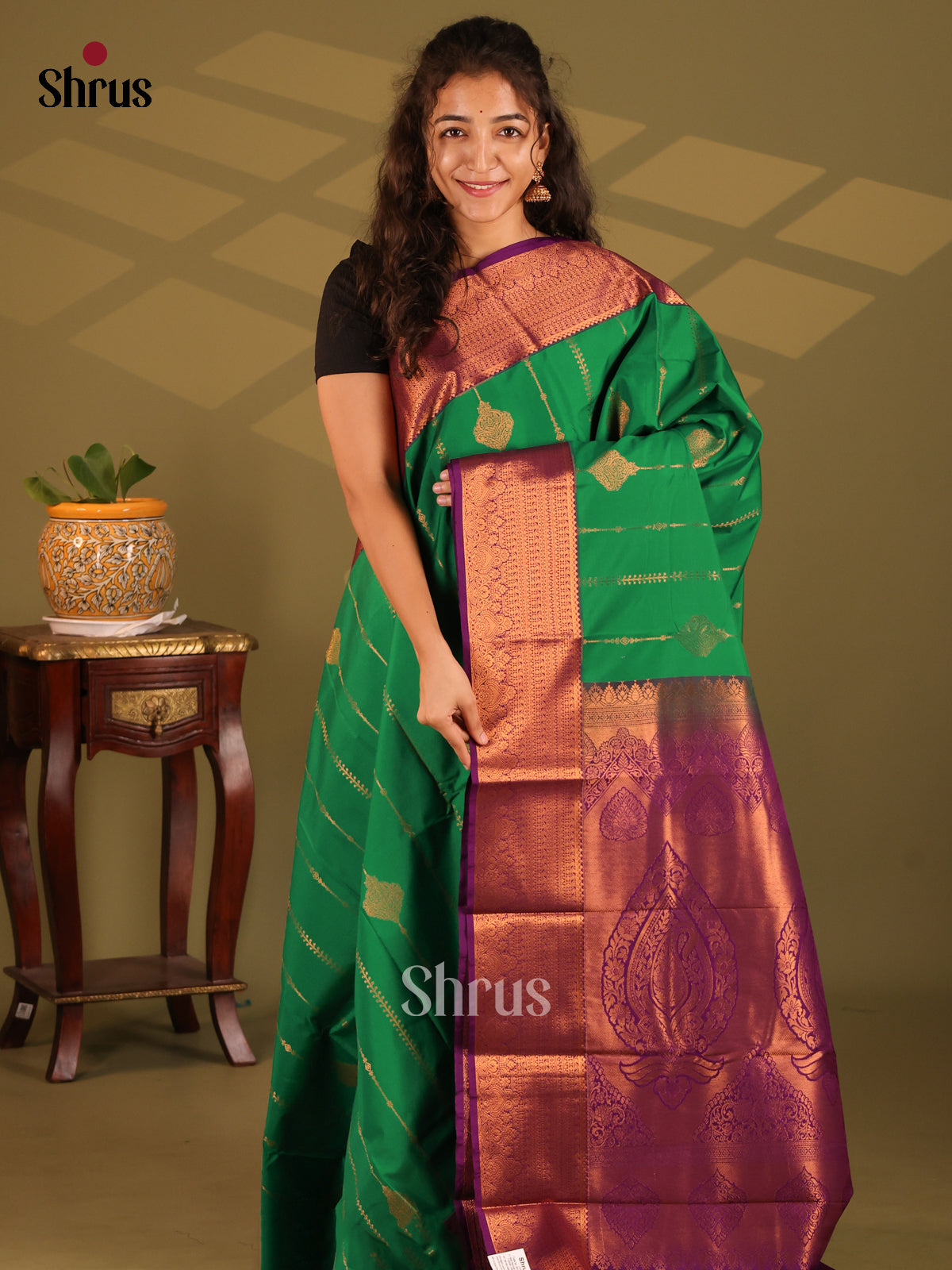 Green with Violet- Semi Kanchipuram Saree - Shop on Shrus.com