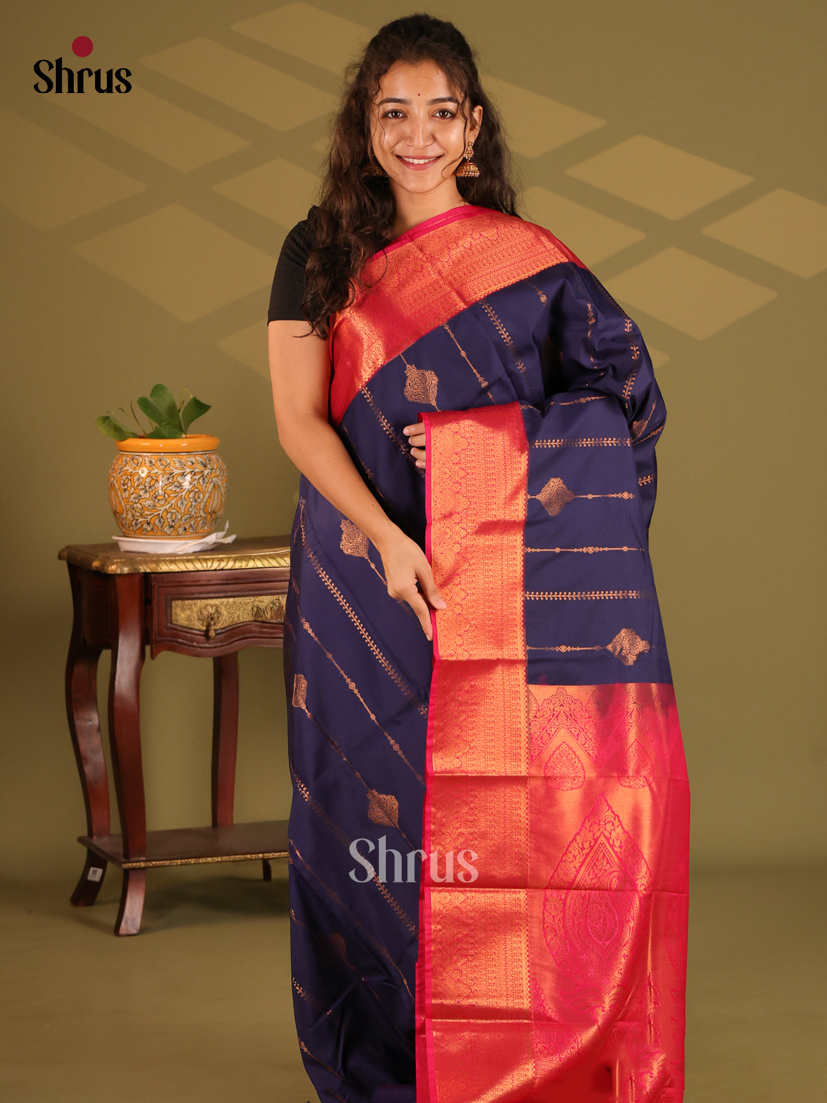 Blue with Pink - Semi Kanchipuram Saree - Shop on Shrus.com