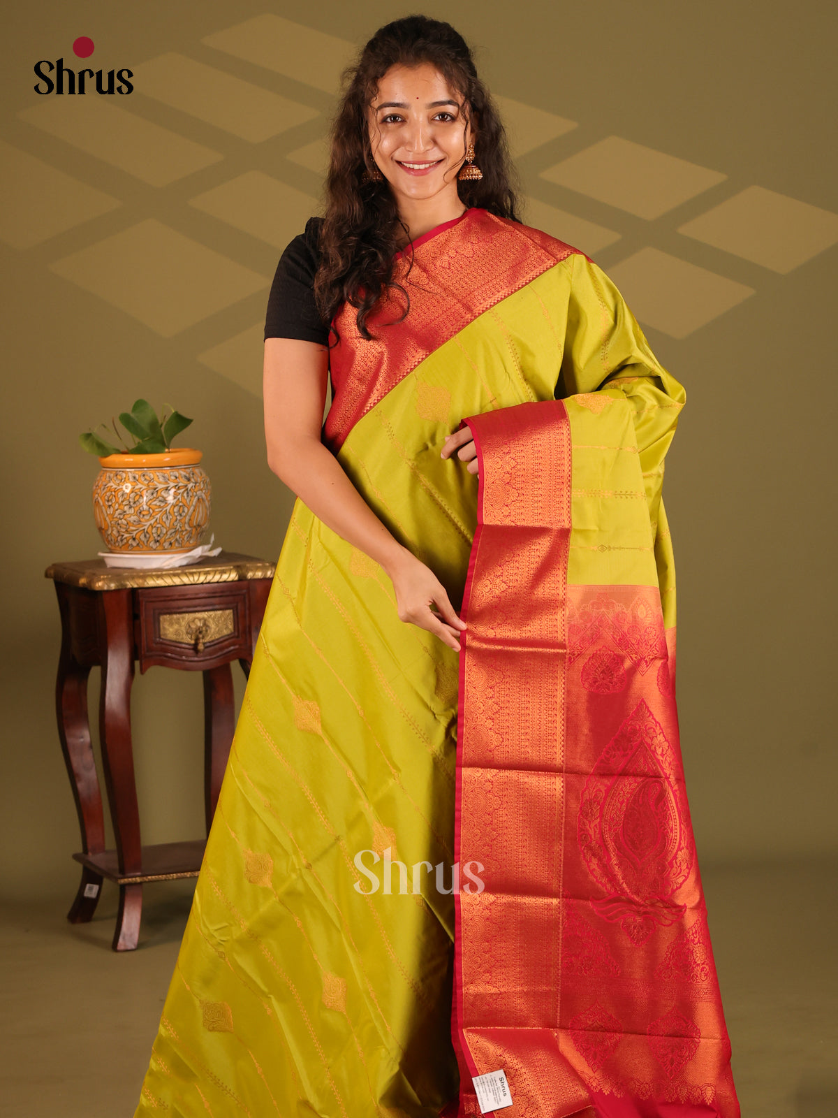 Lite green with Red- Semi Kanchipuram Saree - Shop on Shrus.com