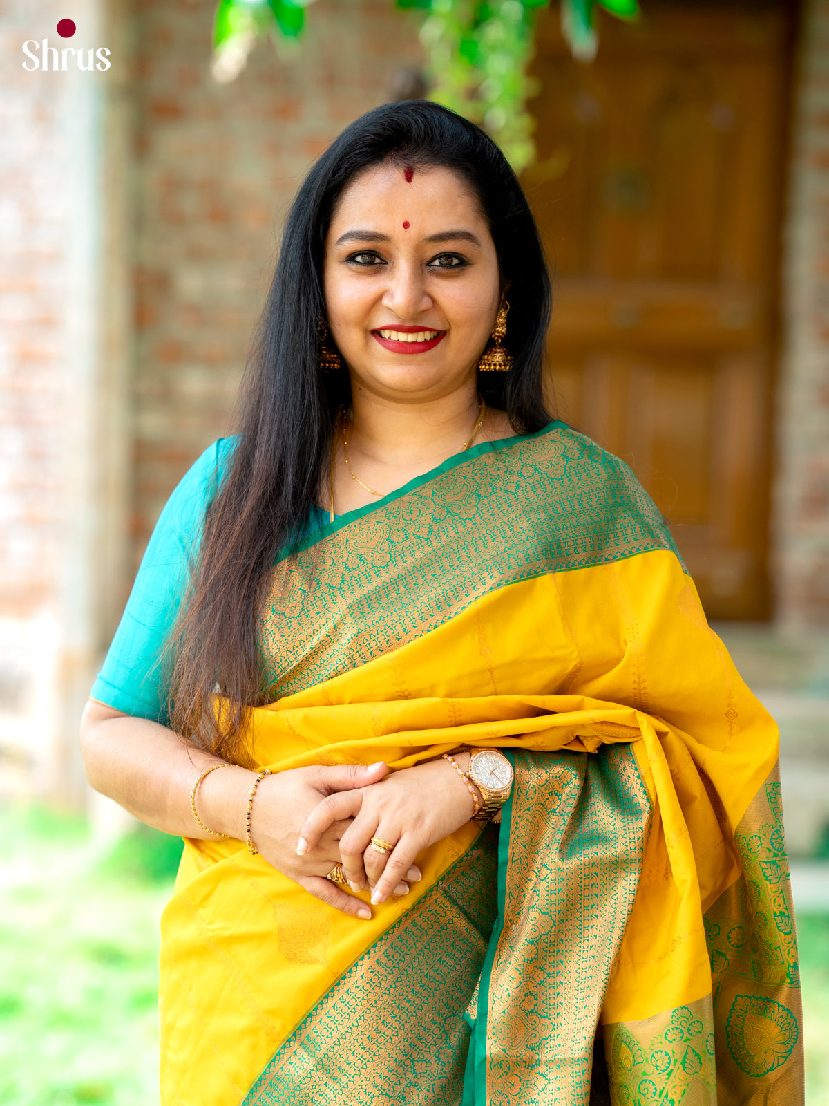 Lemon Yellow & Green- Semi Kanchipuram Saree - Shop on Shrus.com