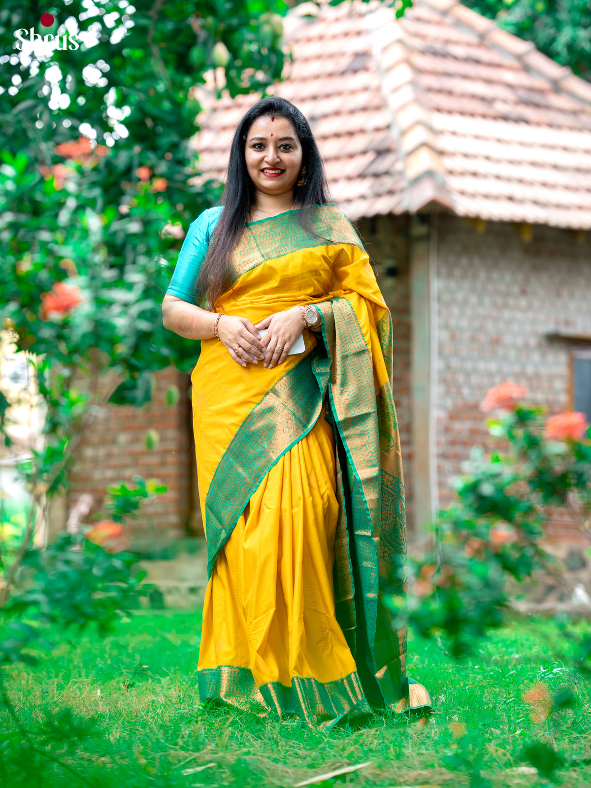 Lemon Yellow & Green- Semi Kanchipuram Saree - Shop on Shrus.com