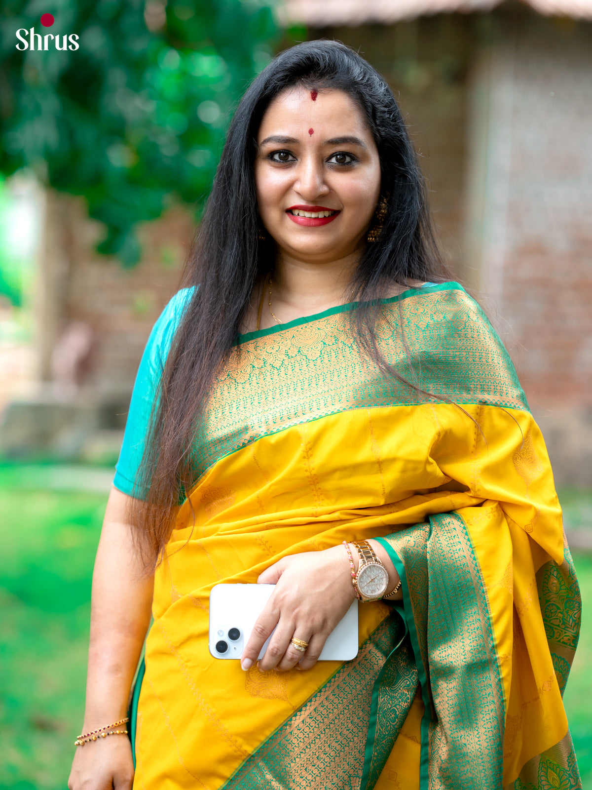Lemon Yellow & Green- Semi Kanchipuram Saree - Shop on Shrus.com