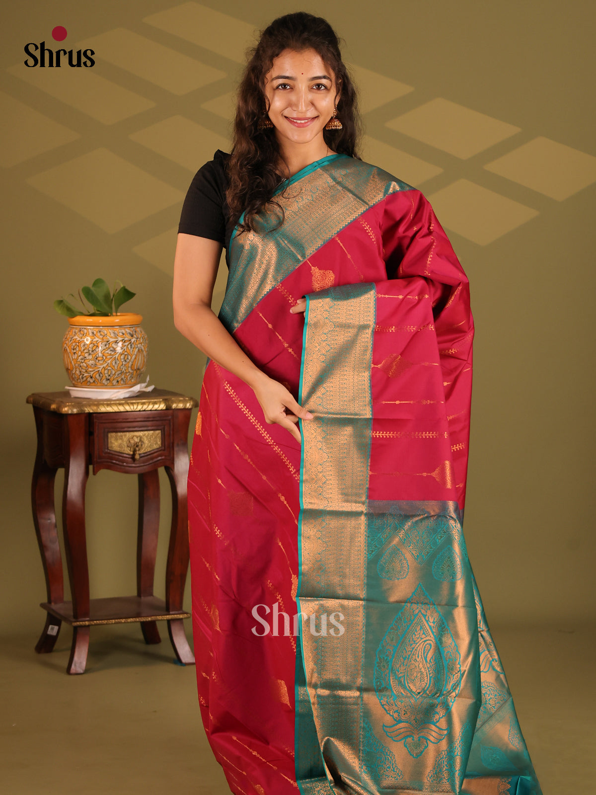 Maroon with Blue- Semi Kanchipuram Saree - Shop on Shrus.com