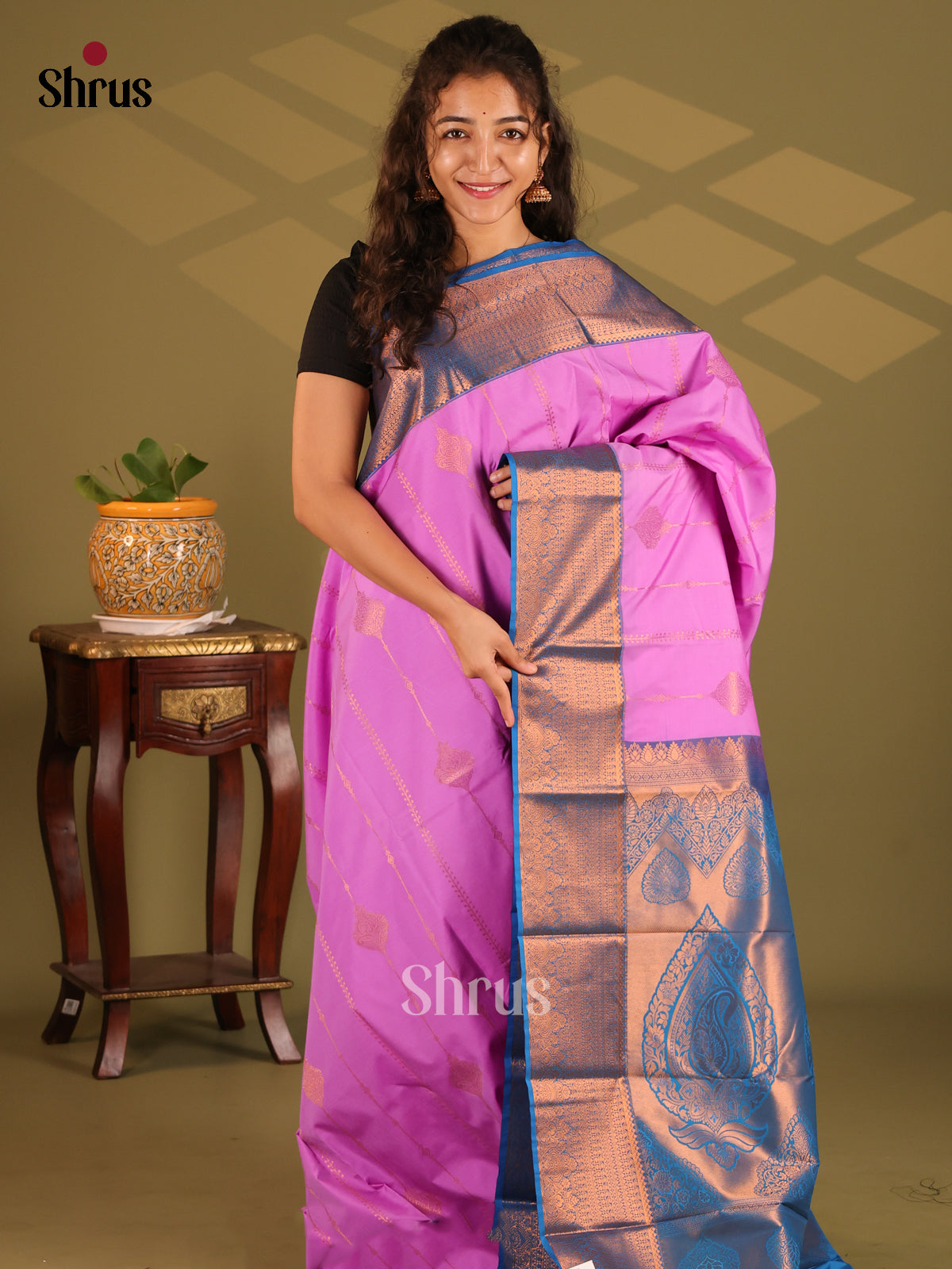 Pink with Blue- Semi Kanchipuram Saree - Shop on Shrus.com