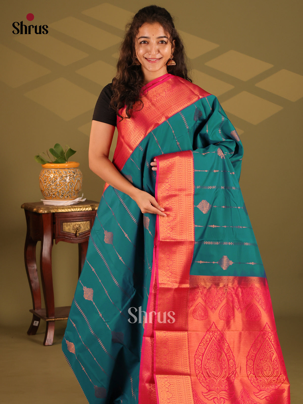 Green with Pink - Semi Kanchipuram Saree - Shop on Shrus.com