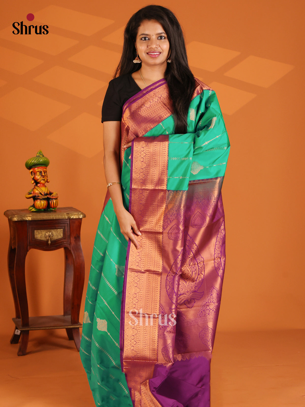 Green with Purple - semi Kanchipuram saree - Shop on Shrus.com