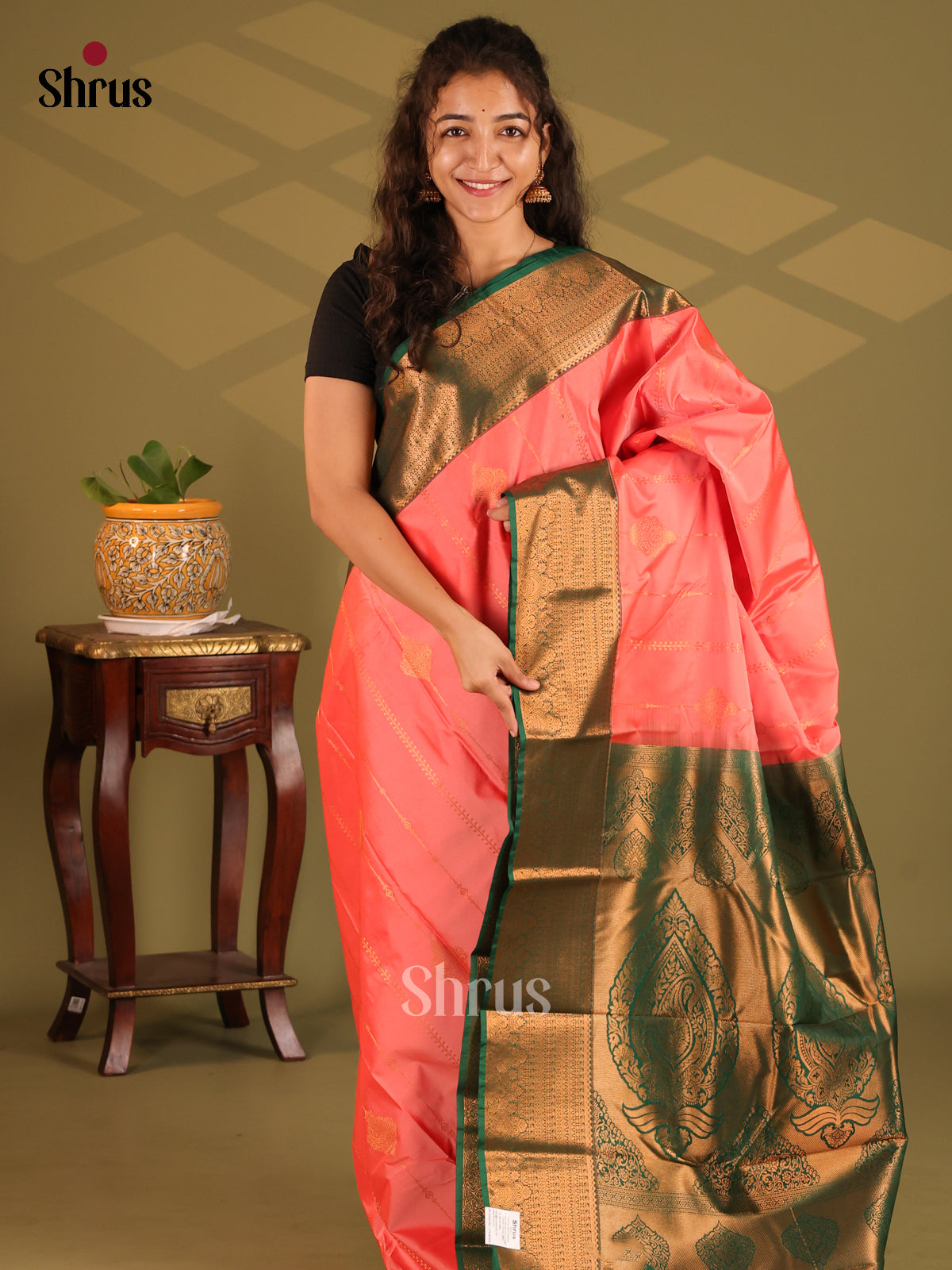 Pink with Green - Semi Kanchipuram Saree - Shop on Shrus.com