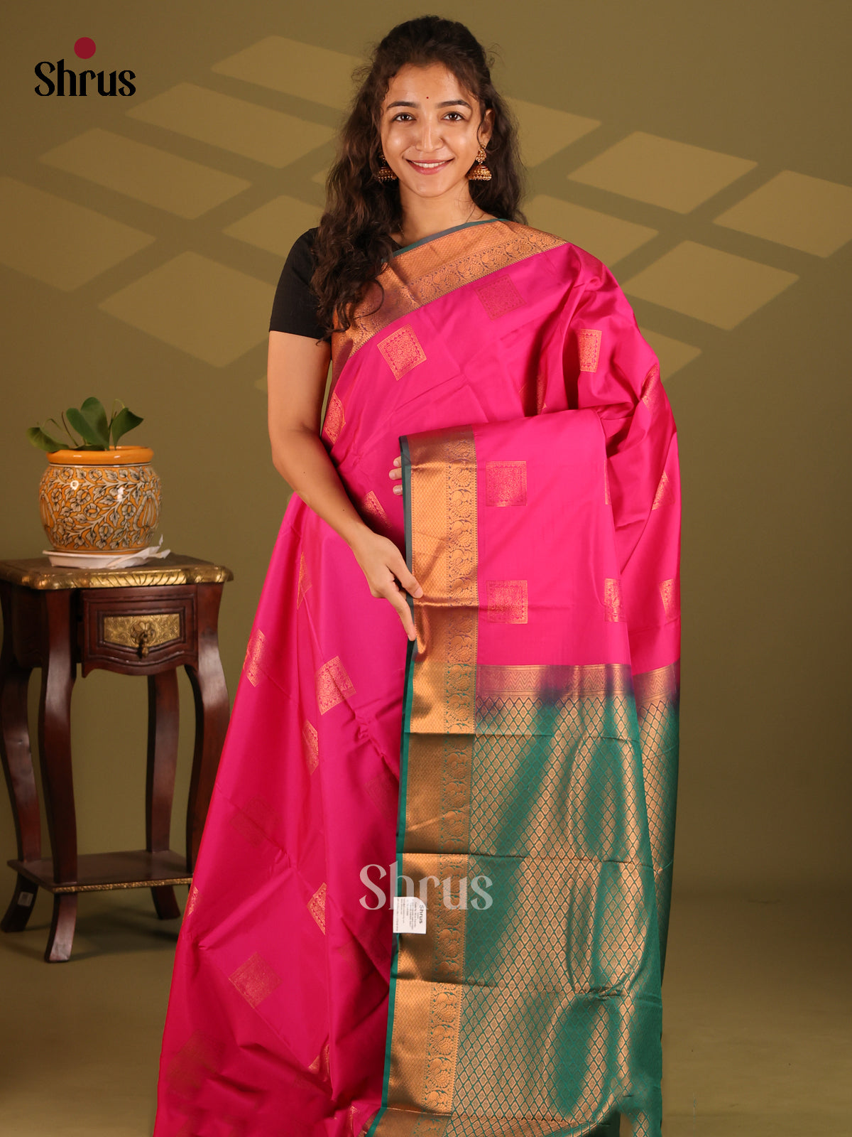 Pink with Green- Semi Kanchipuram Saree - Shop on Shrus.com