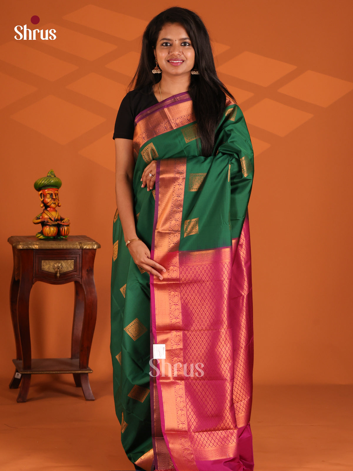 Green with Pink- Semi Kanchipuram Saree - Shop on Shrus.com