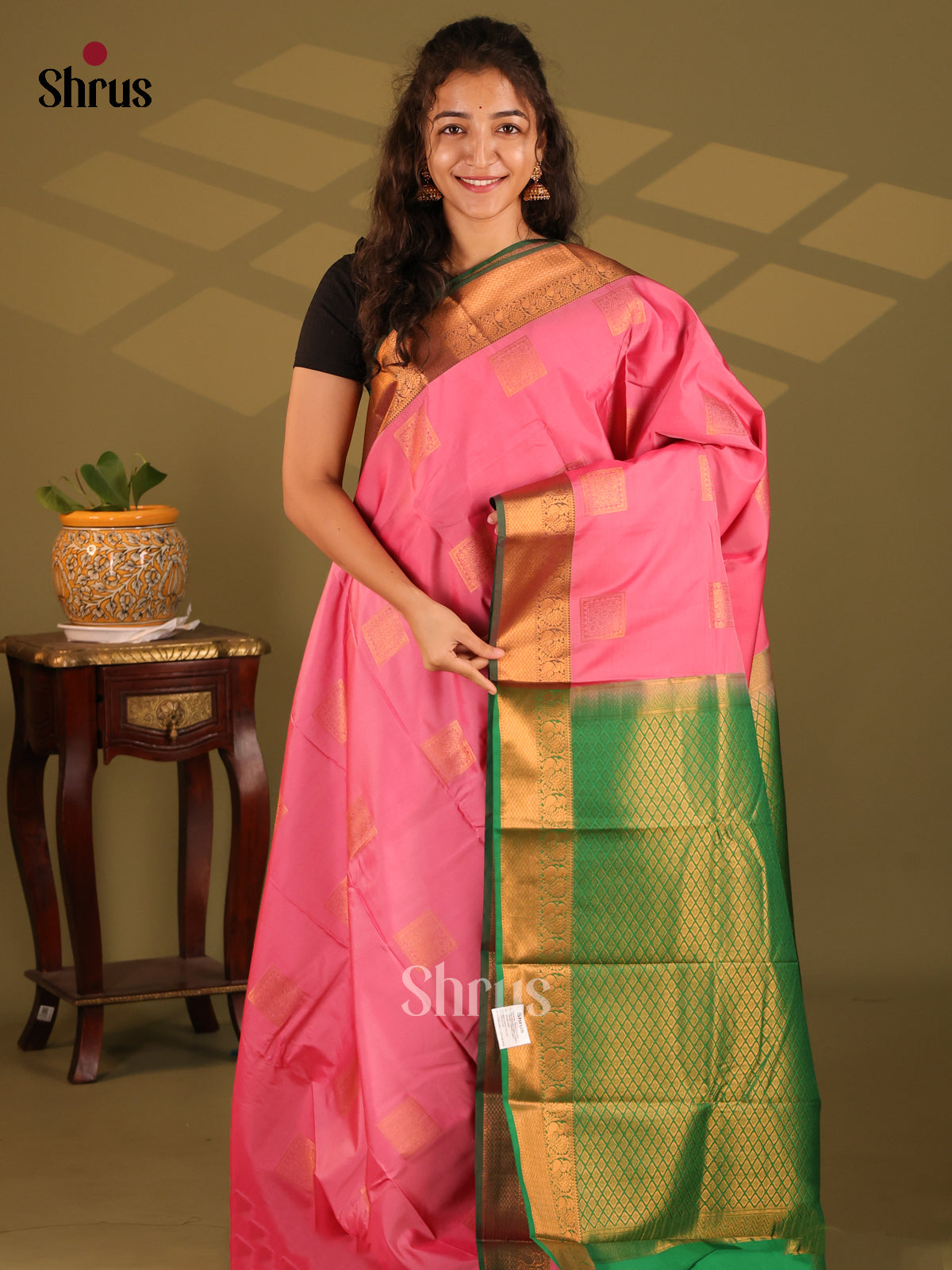 Lotus Pink with Green- Semi Kanchipuram Saree - Shop on Shrus.com