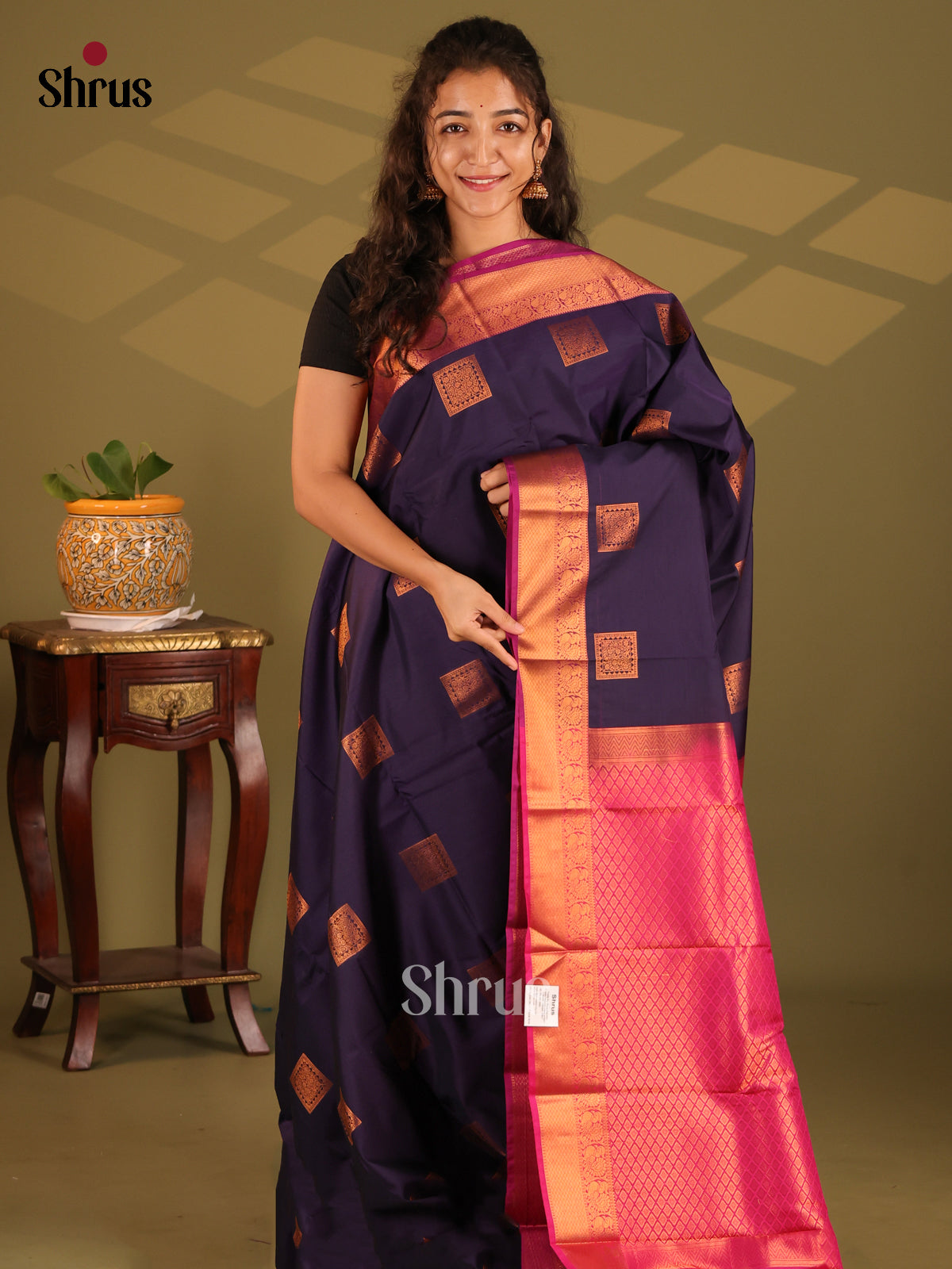 Blue with Pink- Semi Kanchipuram Saree - Shop on Shrus.com