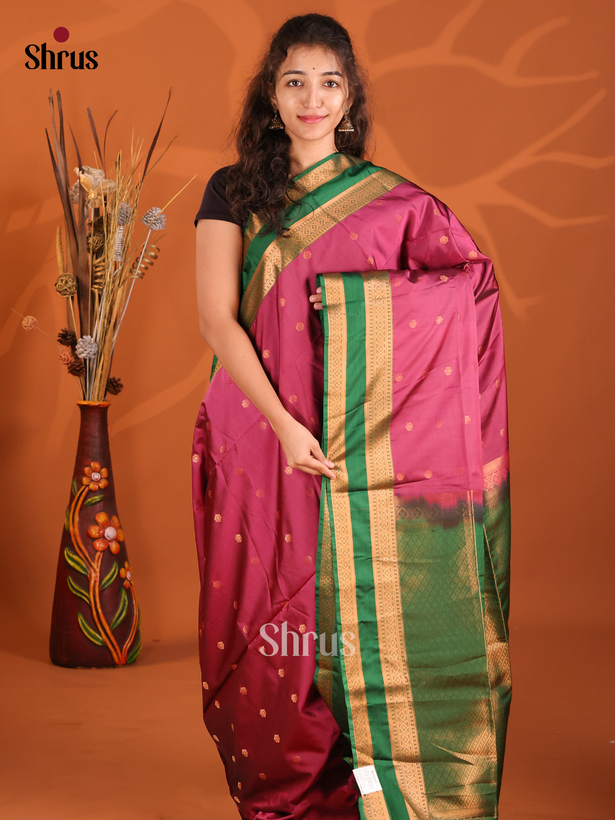 Maroon & Green - Semi Softsilk Saree - Shop on Shrus.com