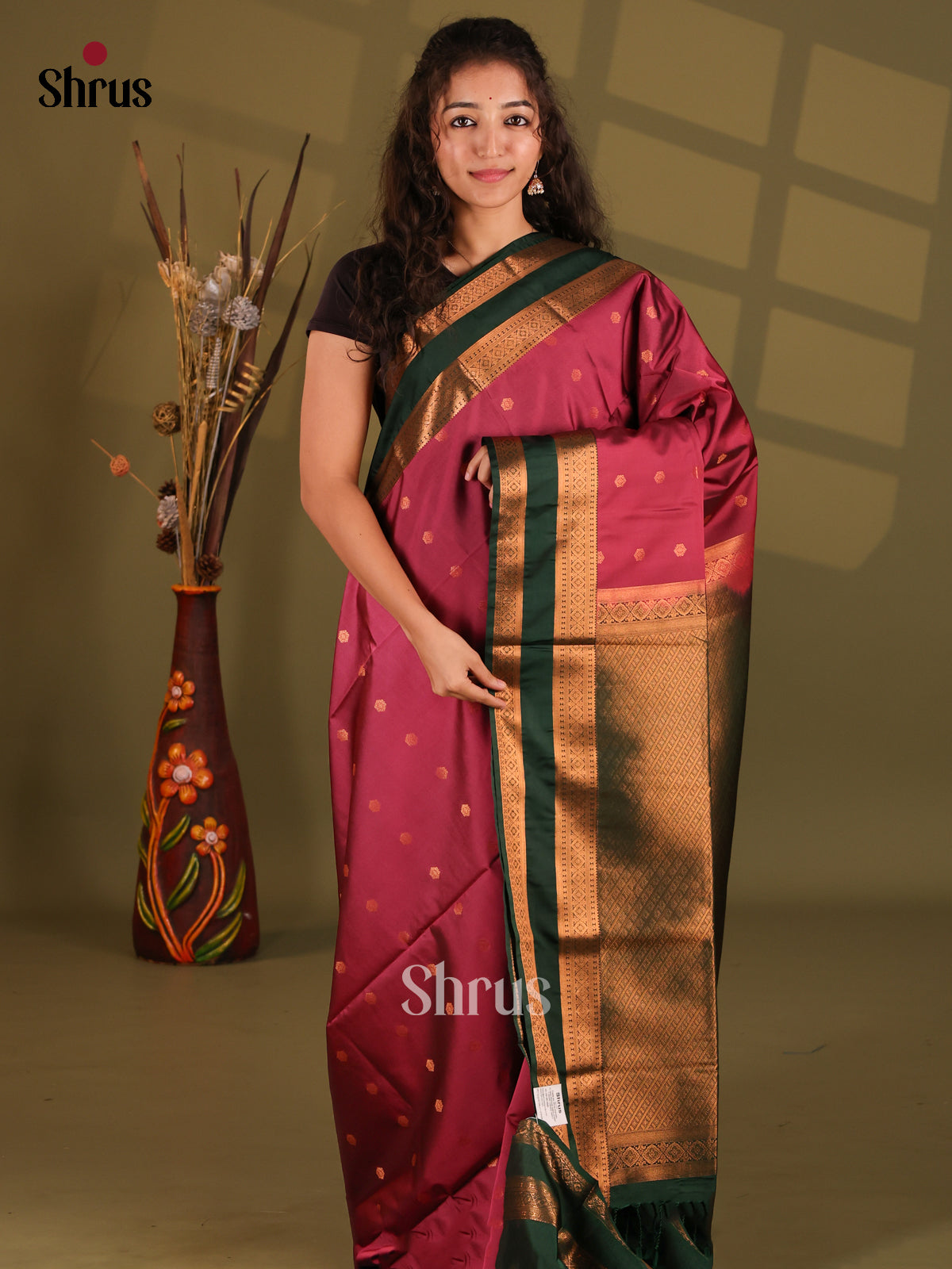 Maroon & Green- Semi Softsilk Saree - Shop on Shrus.com