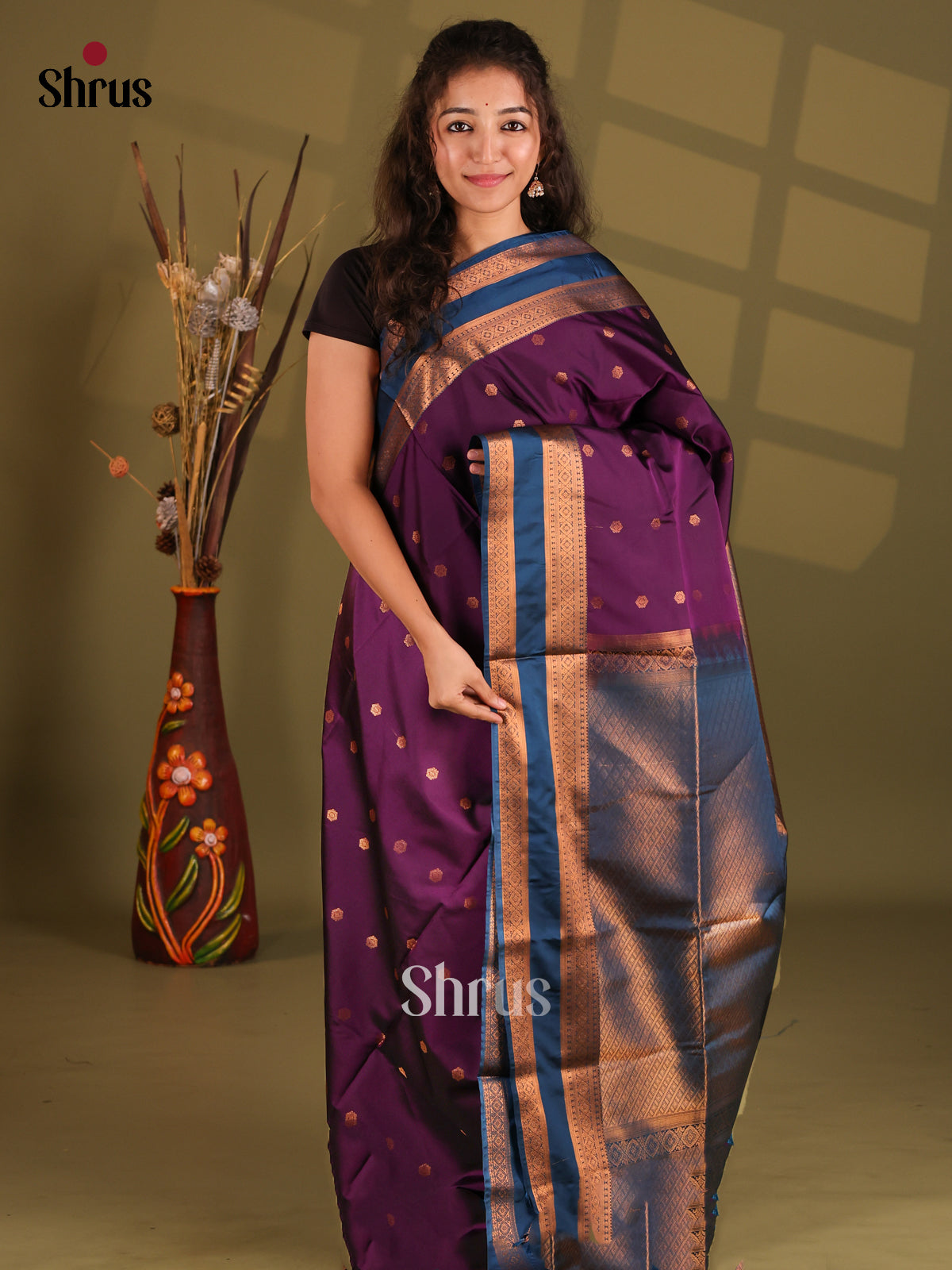 Violet & Blue - Semi Softsilk Saree - Shop on Shrus.com
