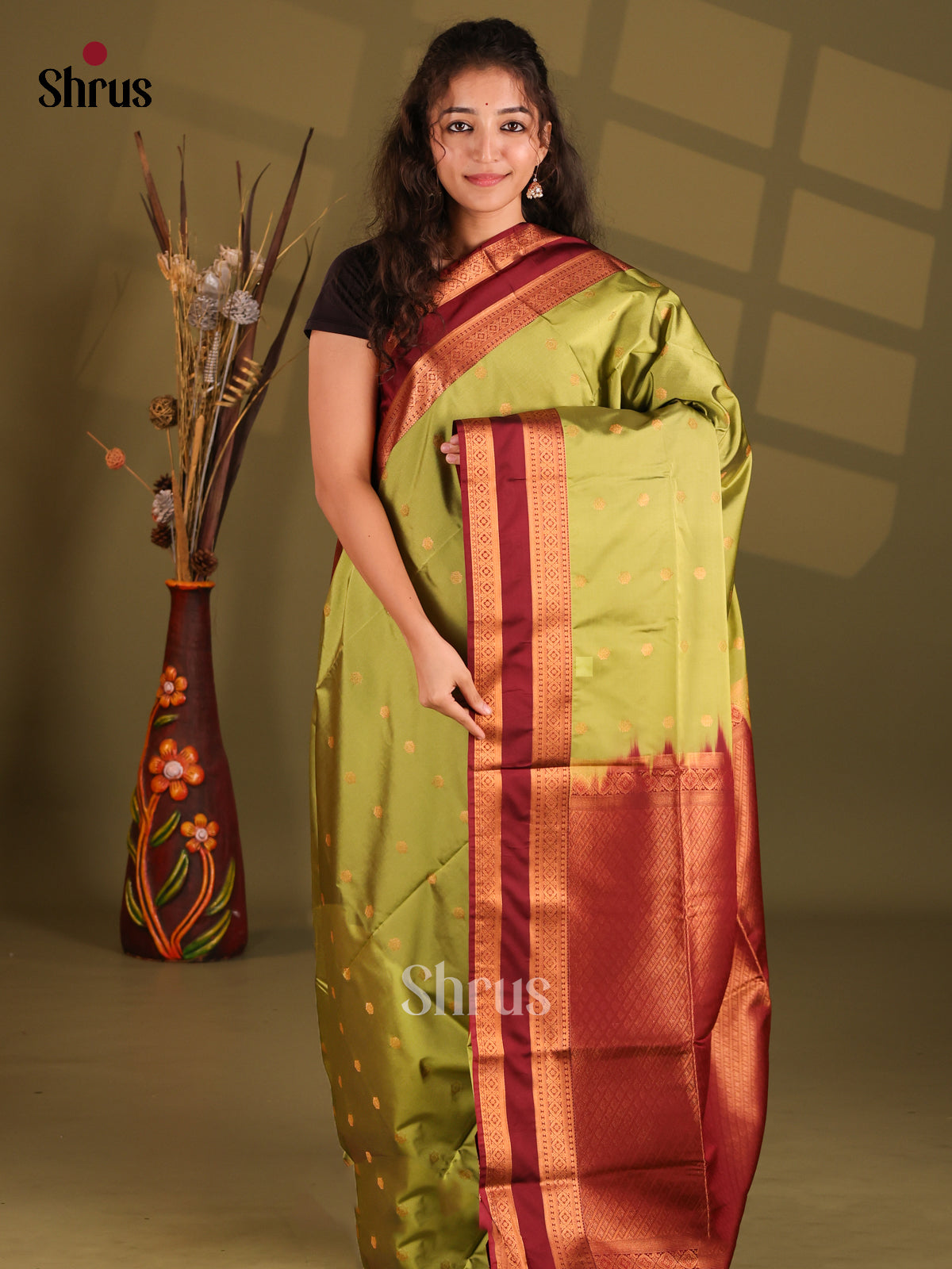 Green & Maroon - Semi Softsilk Saree - Shop on Shrus.com