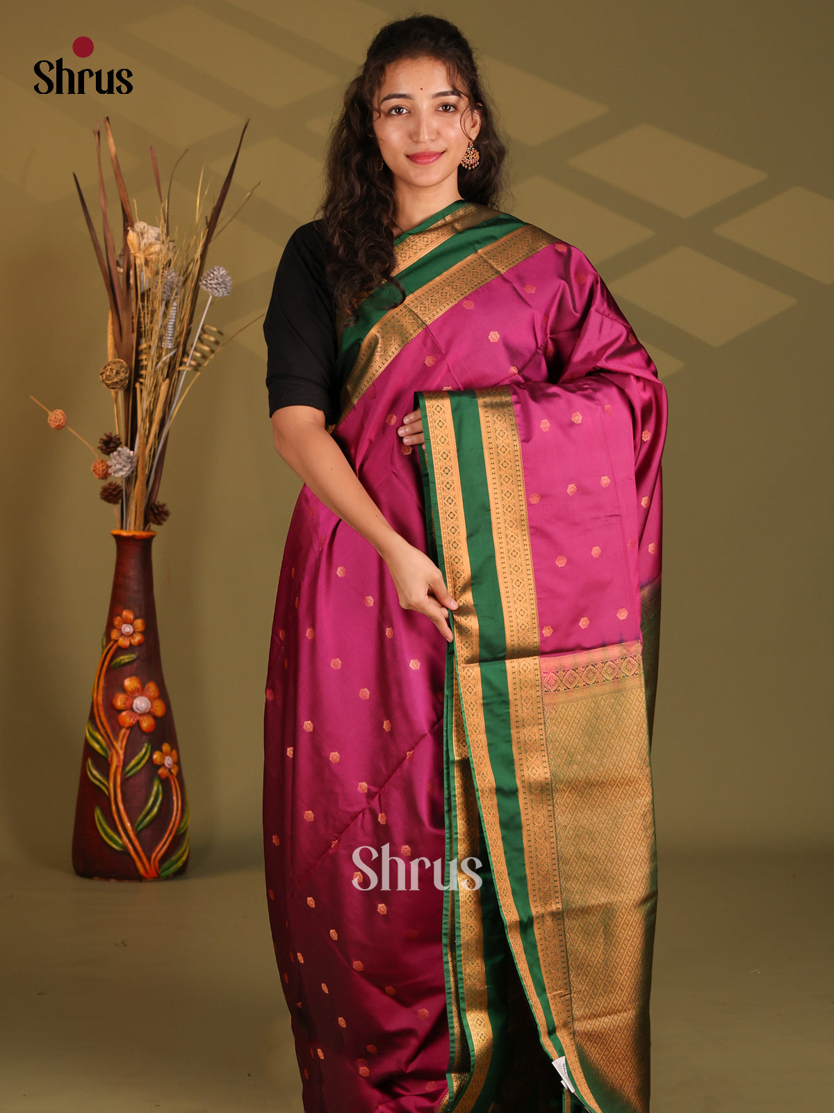 Majenta & Green - Semi Softsilk Saree - Shop on Shrus.com