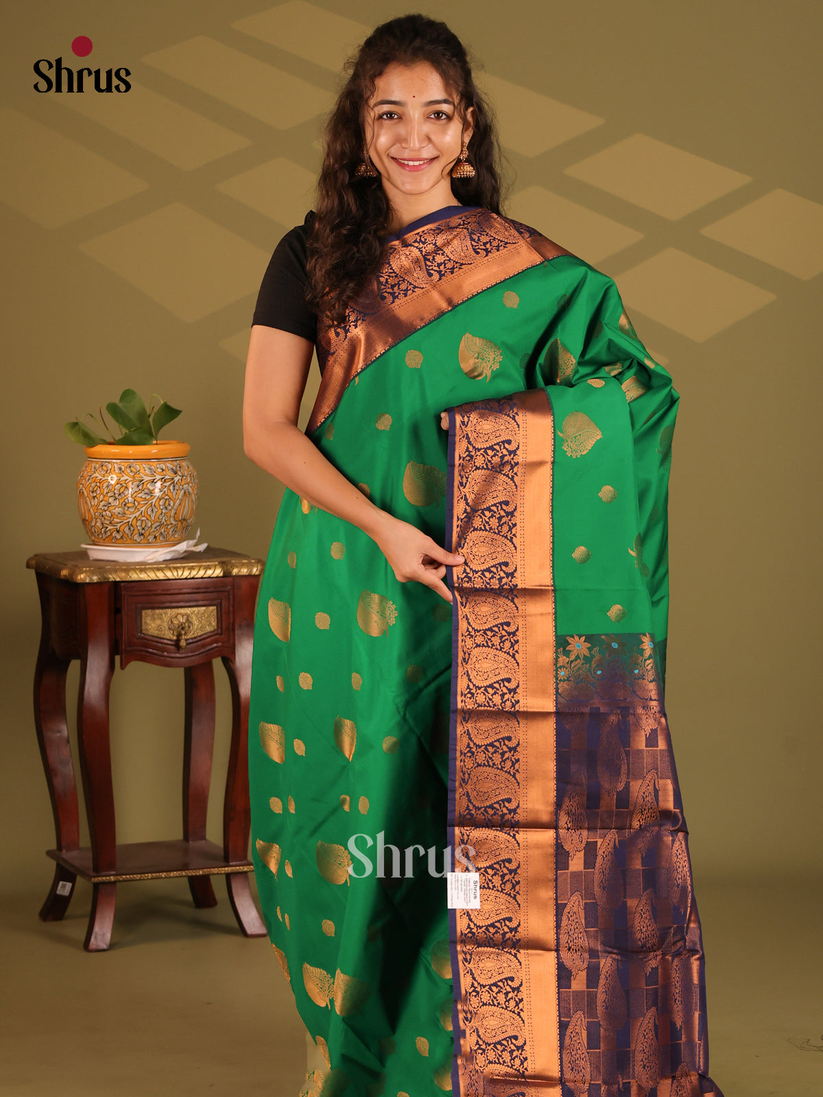 Green with Blue- Semi Kanchipuram Saree - Shop on Shrus.com