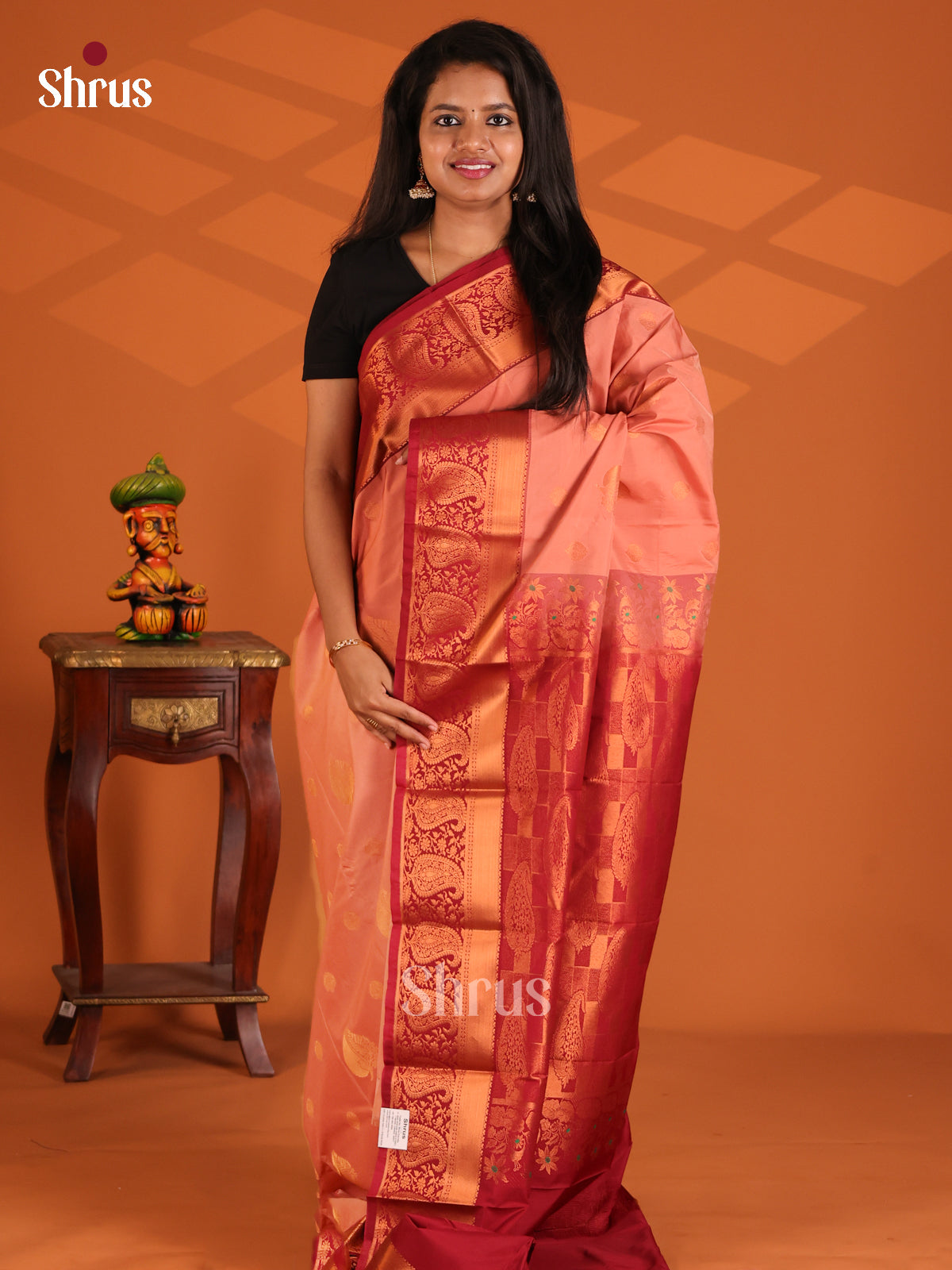 Peach with Maroon - Semi Kanchipuram Saree - Shop on Shrus.com