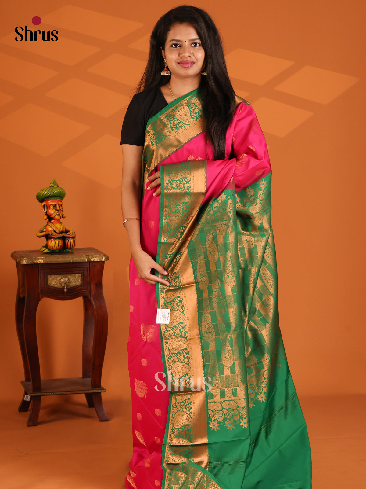 Pink with Green- semi Kanchipuram saree - Shop on Shrus.com