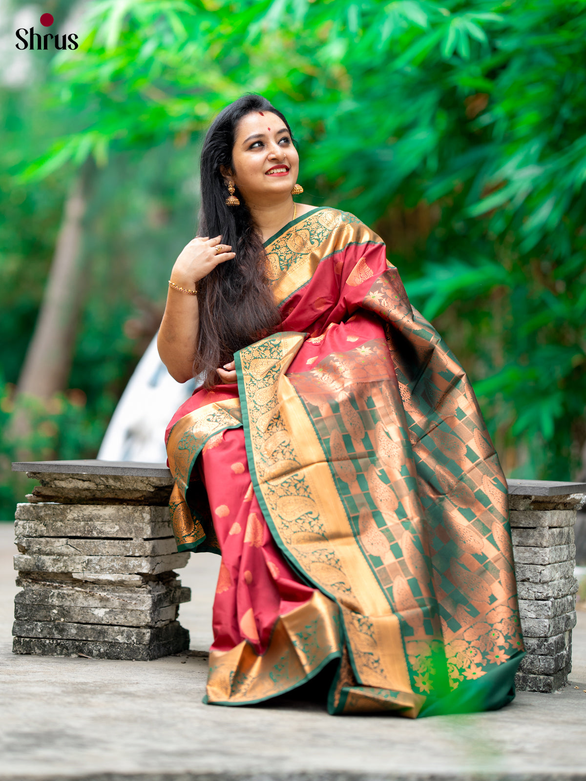 Maroon with Green - Semi Kanchipuram Saree - Shop on Shrus.com