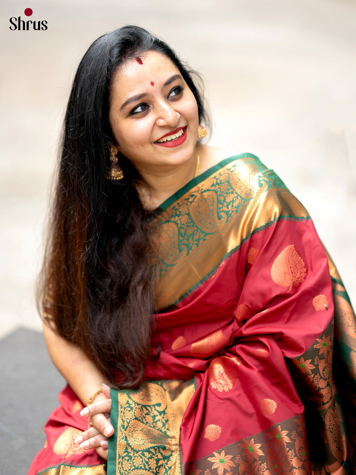 Maroon with Green - Semi Kanchipuram Saree - Shop on Shrus.com