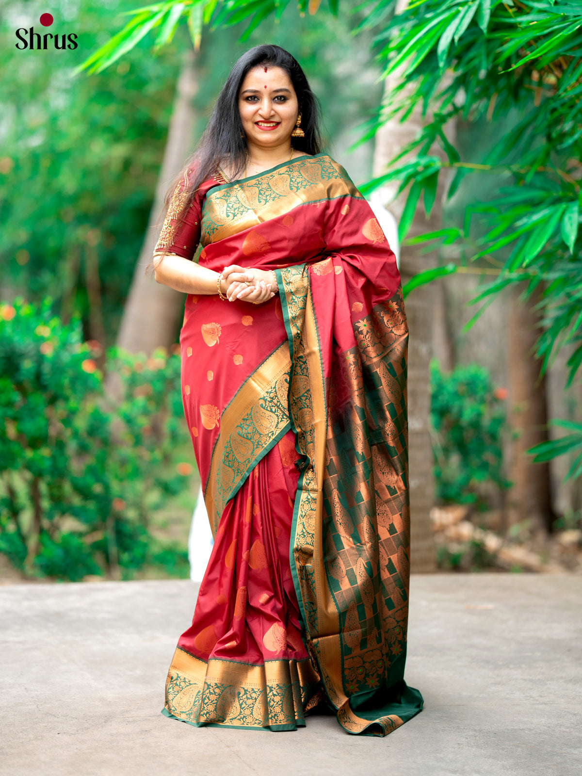 Maroon with Green - Semi Kanchipuram Saree - Shop on Shrus.com