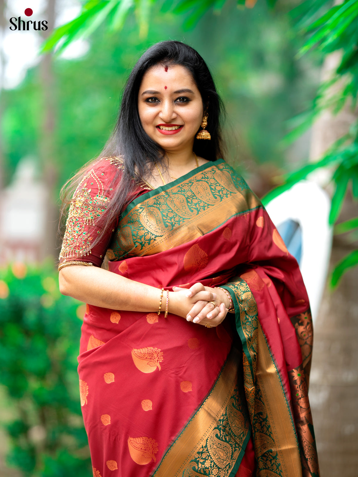 Maroon with Green - Semi Kanchipuram Saree - Shop on Shrus.com