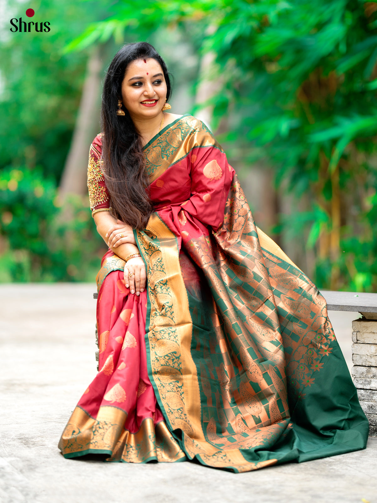Maroon with Green - Semi Kanchipuram Saree - Shop on Shrus.com