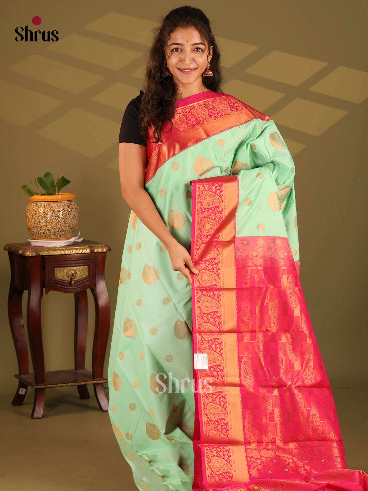 Pista Green with Pink- Semi Kanchipuram Saree - Shop on Shrus.com