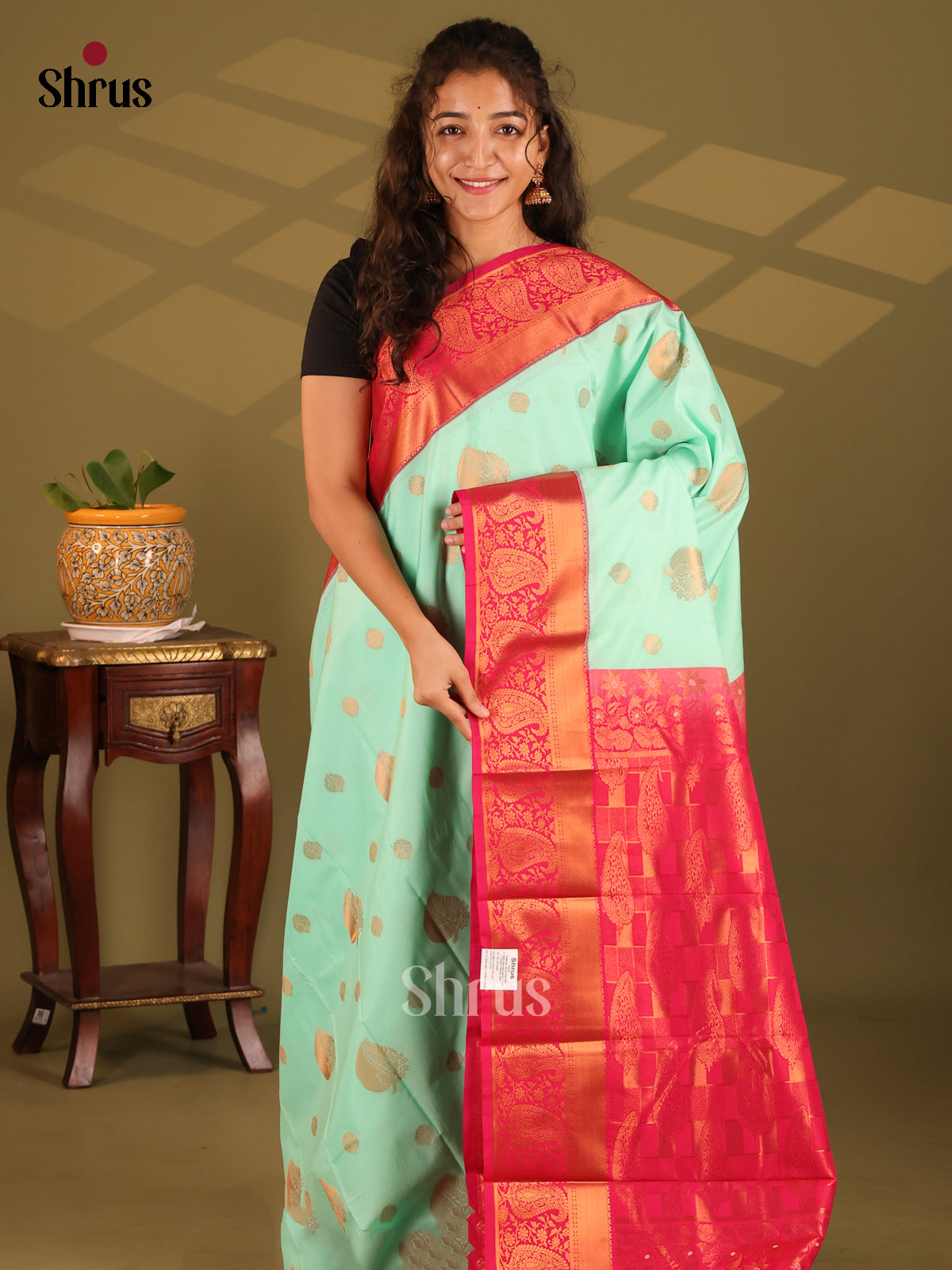 Pista Green & Pink- Semi Kanchipuram Saree - Shop on Shrus.com