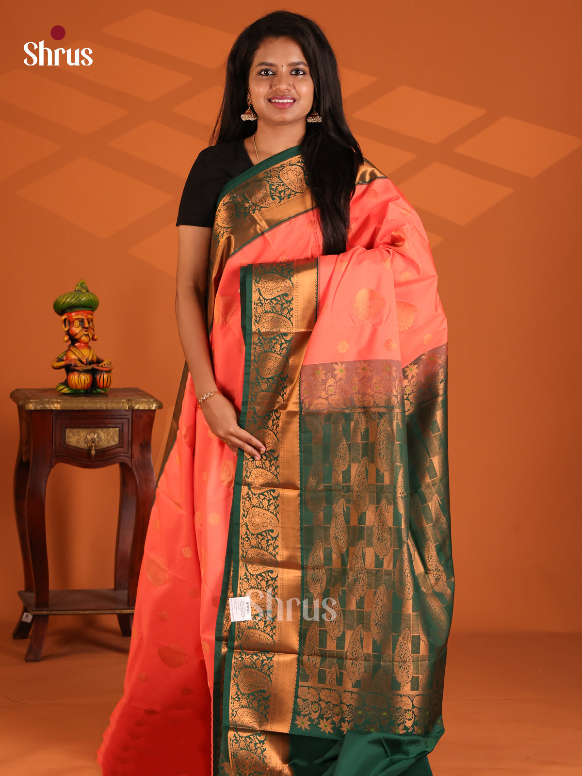 Pink with Green - Semi Kanchipuram Saree - Shop on Shrus.com