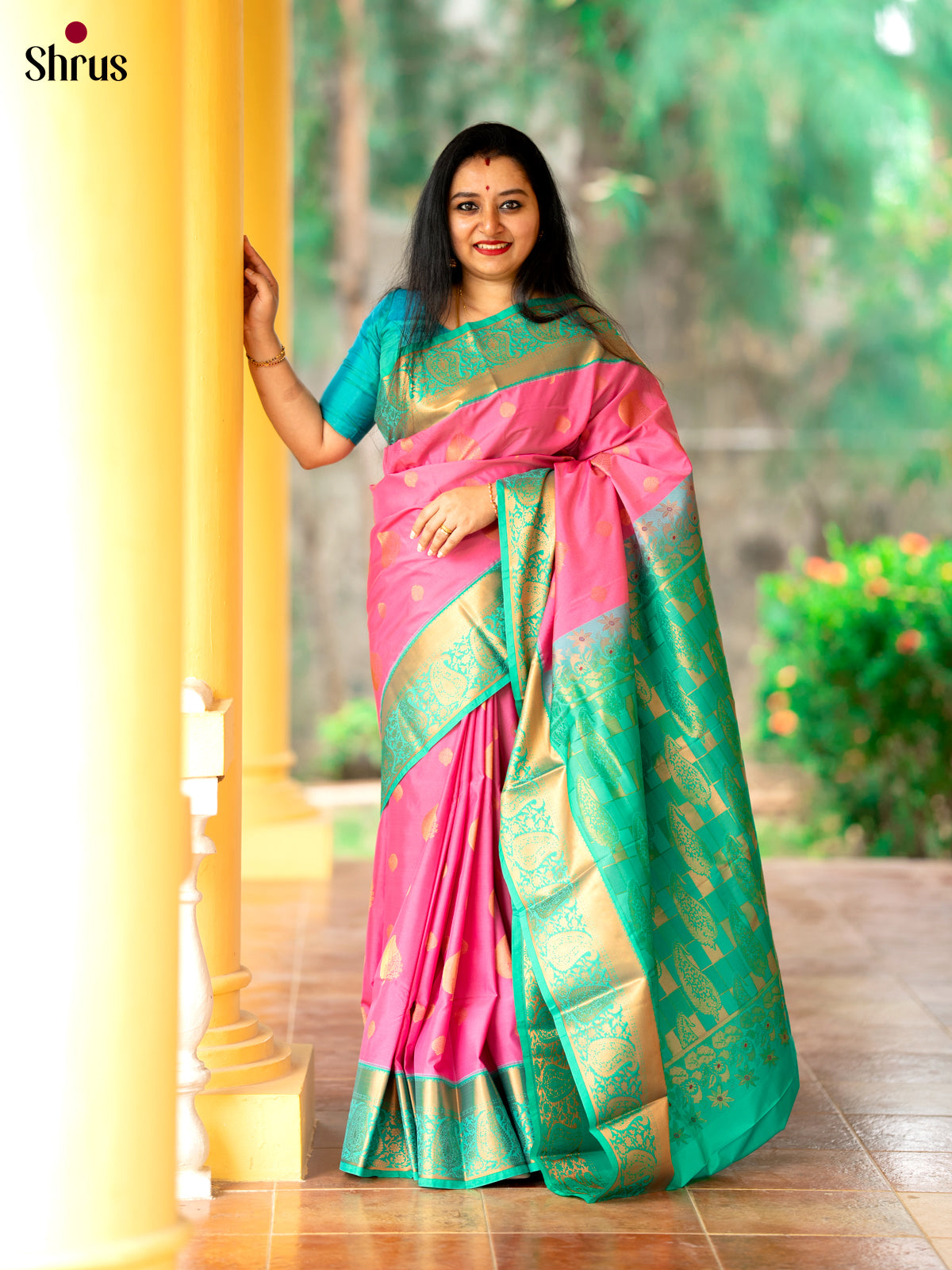 Pink with Green - Semi Kanchipuram Saree - Shop on Shrus.com