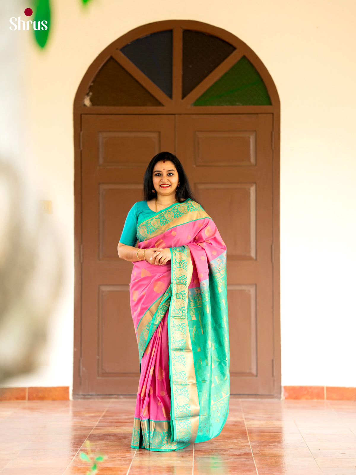 Pink with Green - Semi Kanchipuram Saree - Shop on Shrus.com