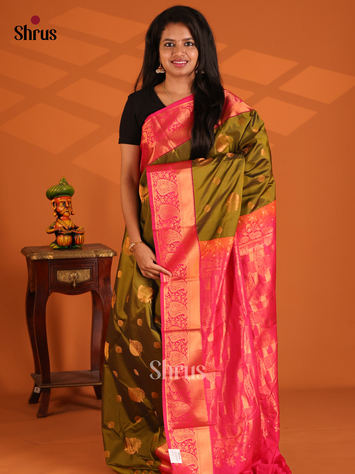 Green with pink - semi Kanchipuram saree - Shop on Shrus.com