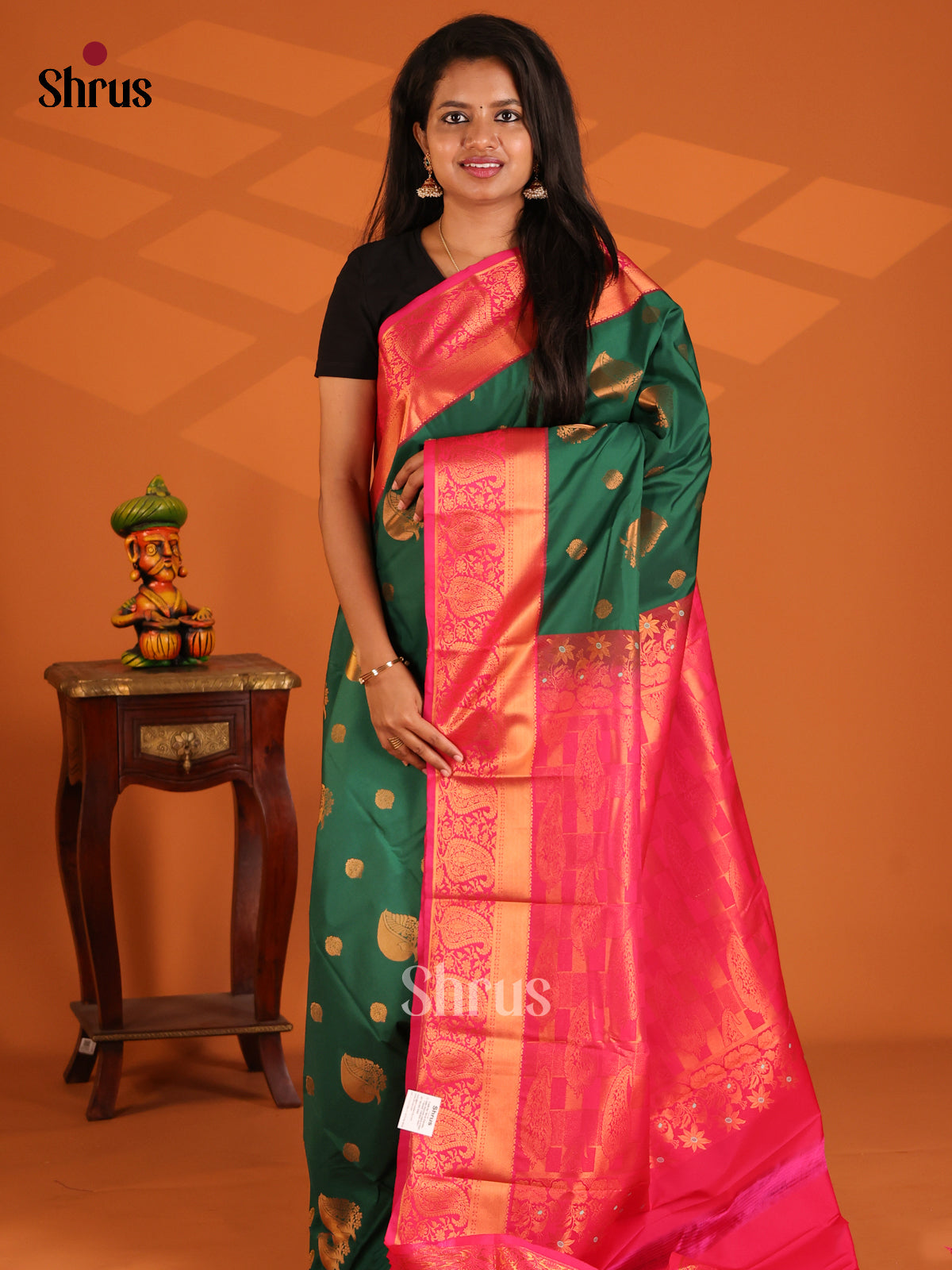 Green with Pink- semi kanchipuram saree - Shop on Shrus.com