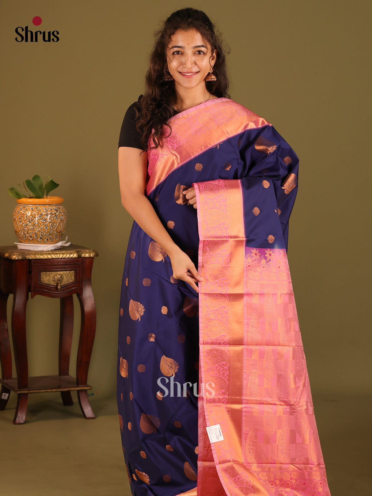 Blue with Pink- Semi Kanchipuram Saree - Shop on Shrus.com