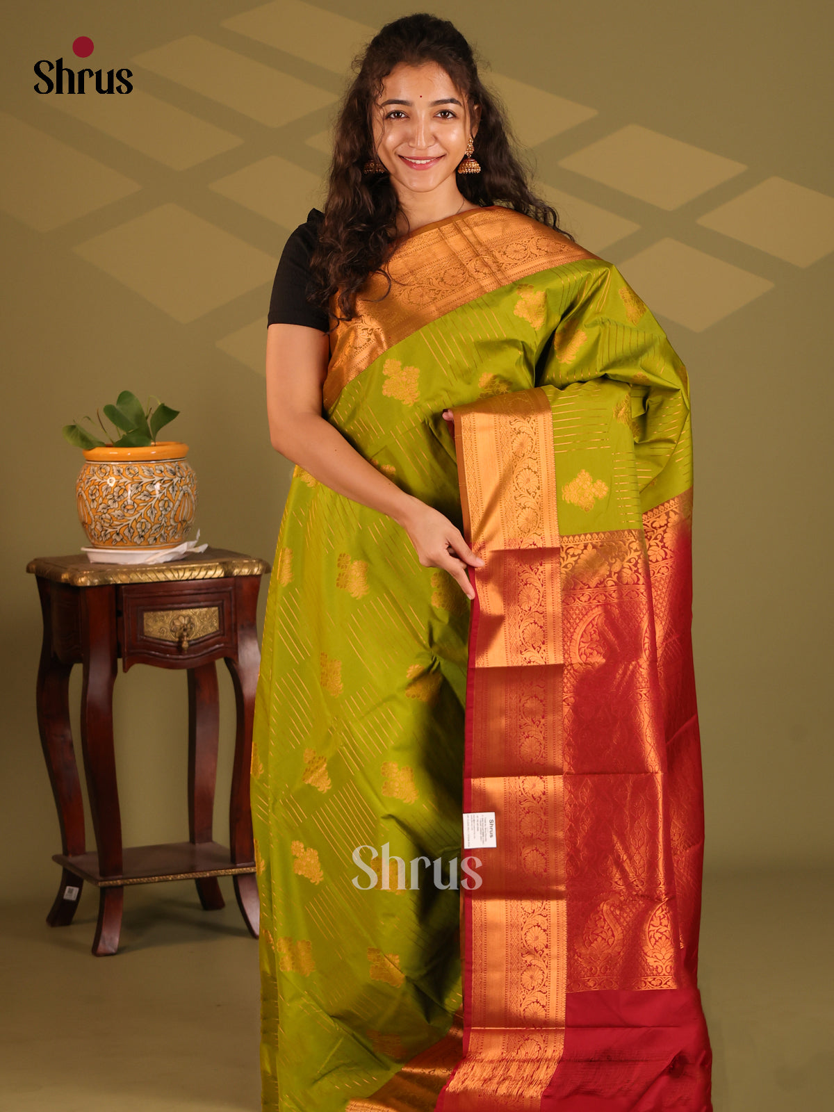Green with Red- Semi Kanchipuram Saree - Shop on Shrus.com