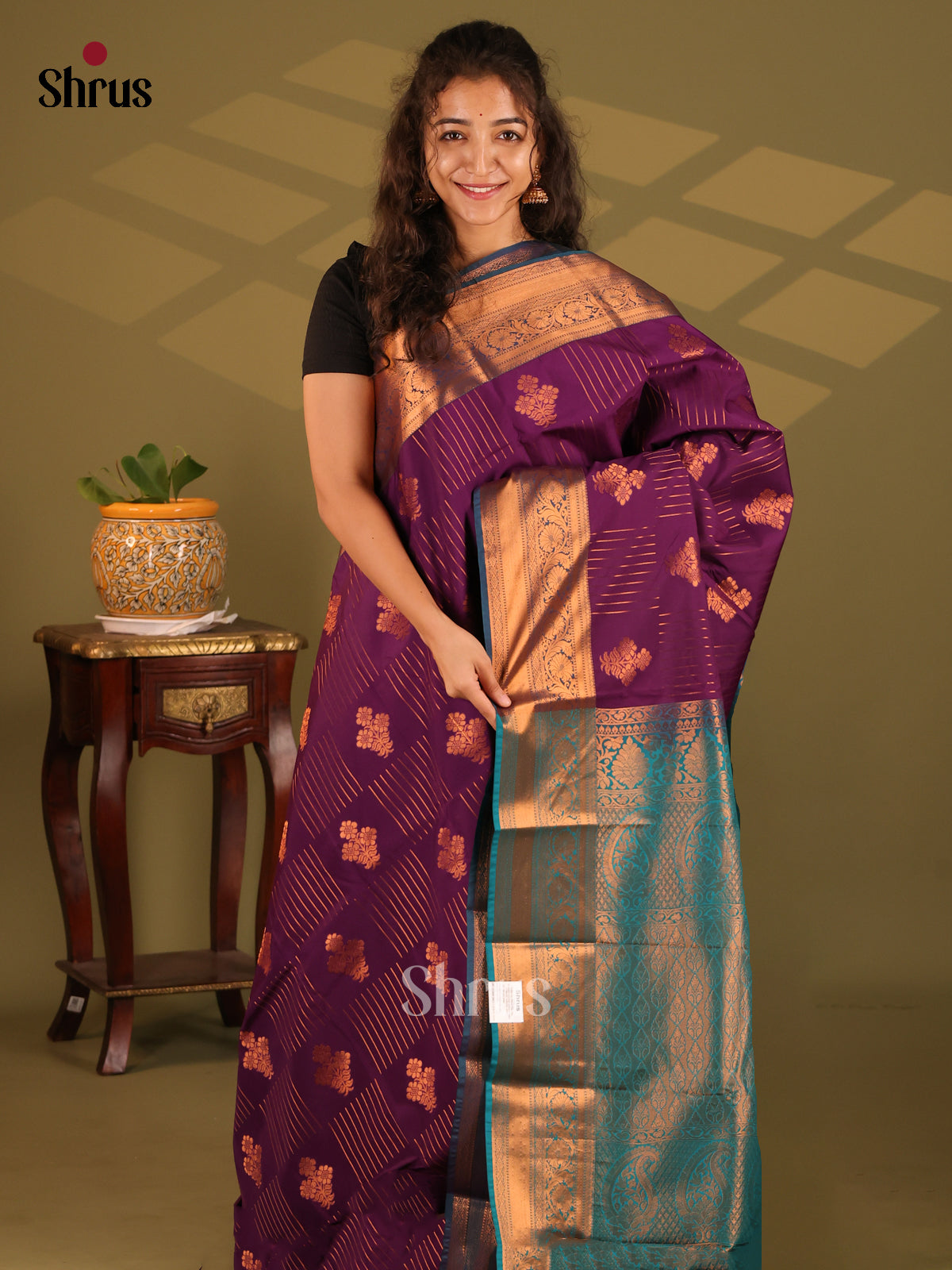 Violet with Blue- Semi Kanchipuram Saree - Shop on Shrus.com